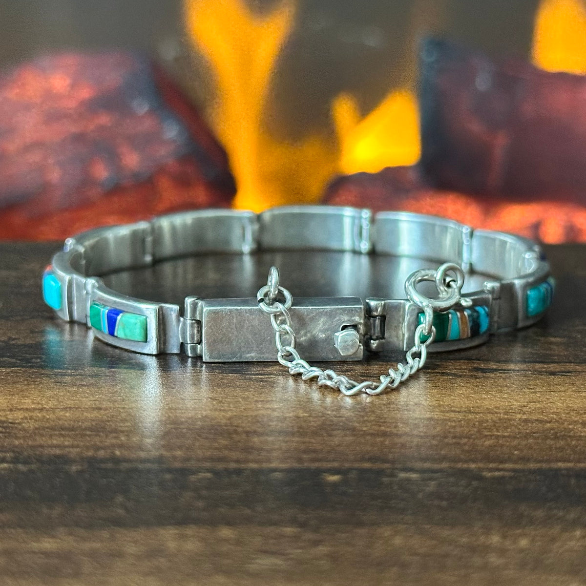 Navajo Calvin Begay Turquoise Lapis Spiny Oyster Malachite Sterling Inlay Bracelet