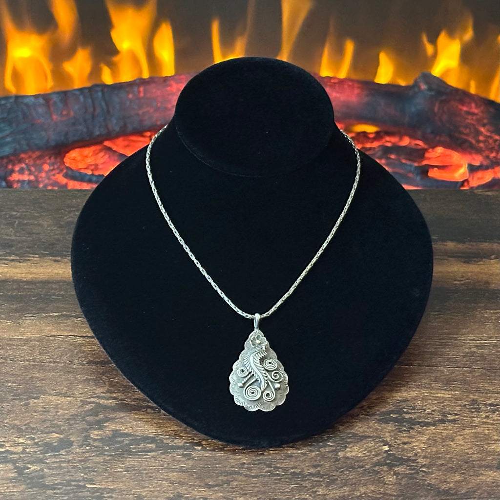 Navajo James W. Tom Sterling Overlay Floral Feather Teadrop Pendant Necklace