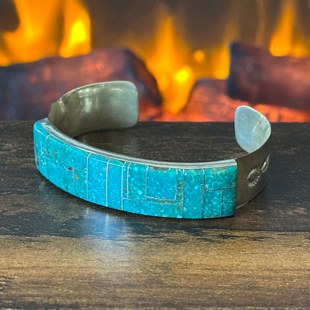 Navajo Patrick & Laura Lincoln Turquoise Sterling Hand Stamped Inlay Cuff