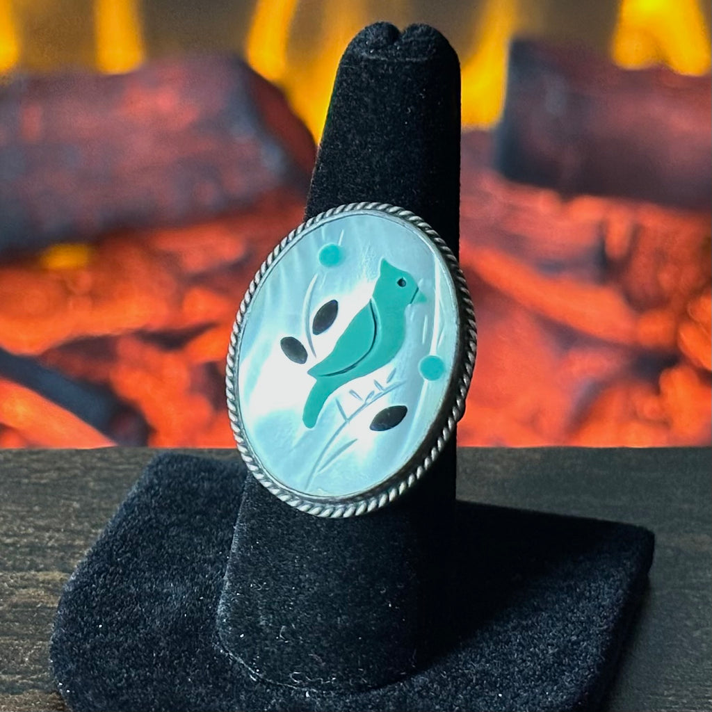 Vintage Turquoise Jet Mother of Pearl Sterling Twist Wire Bezel Bird Inlay Ring