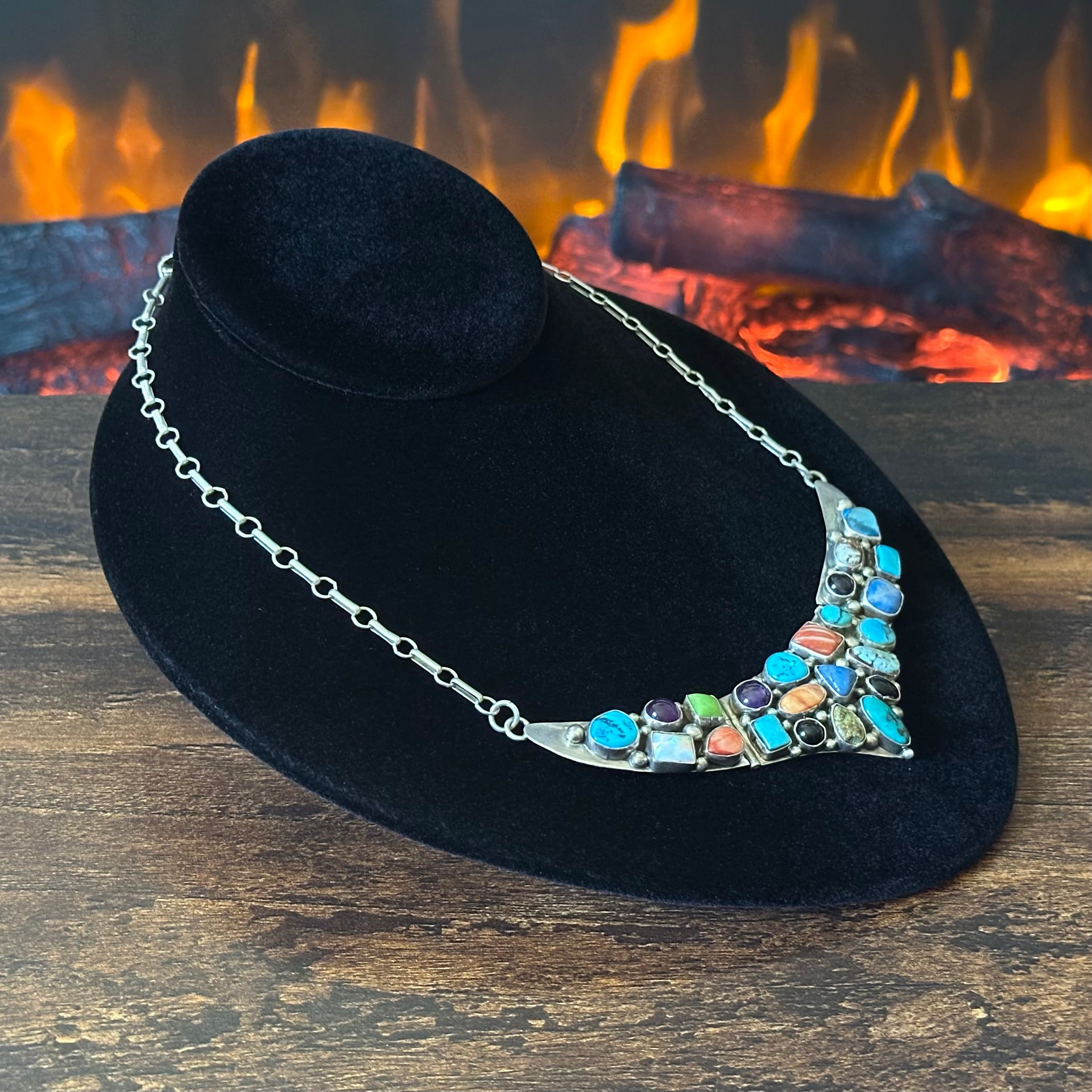 Navajo Emer Thompson Turquoise Spiny Oyster Onyx Lapis Gaspeite Opal Amethyst 23 Stone Sterling Cluster Statement Necklace