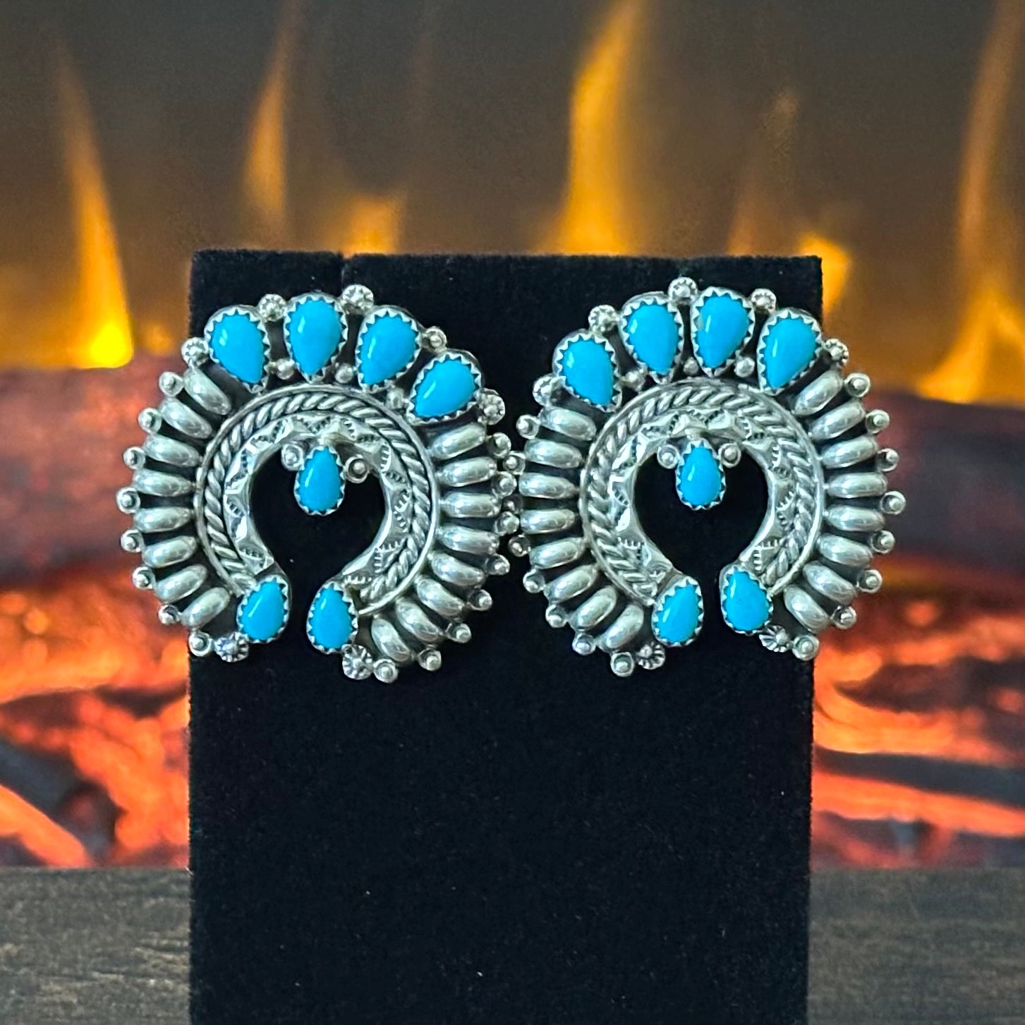 Navajo Nora Tsosie Turquoise 44 Stone Sterling Hand Stamped Petite Point Naja Statement Necklace Earrings Cuff Set