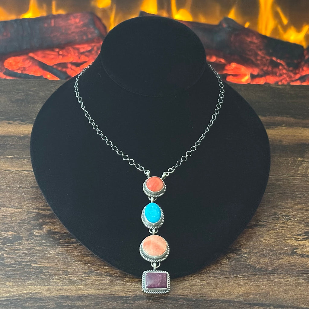 Navajo Hiram Largo Turquoise Spiny Oyster 4 Stone Sterling Lariat Necklace