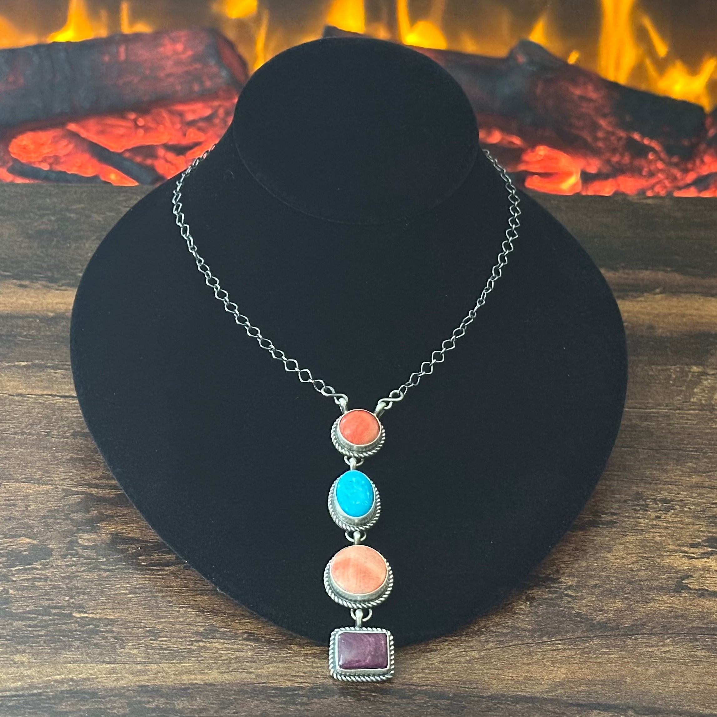 Navajo Hiram Largo Turquoise Spiny Oyster 4 Stone Sterling Lariat Necklace