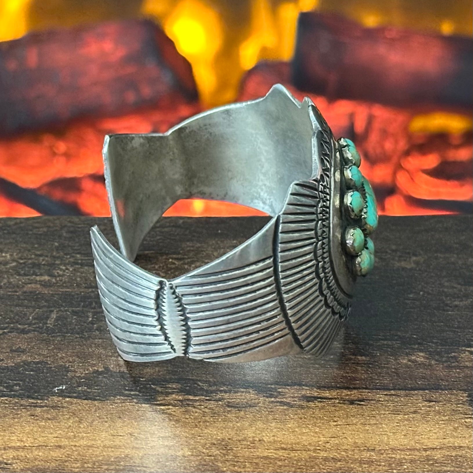 JS Signed Green Turquoise 13 Stone Sterling Hand Stamped Statement Cuff