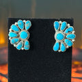 Navajo Justina Wilson Turquoise 16 Stone Sterling Twist Wire Raindrop Cluster Stud Earrings