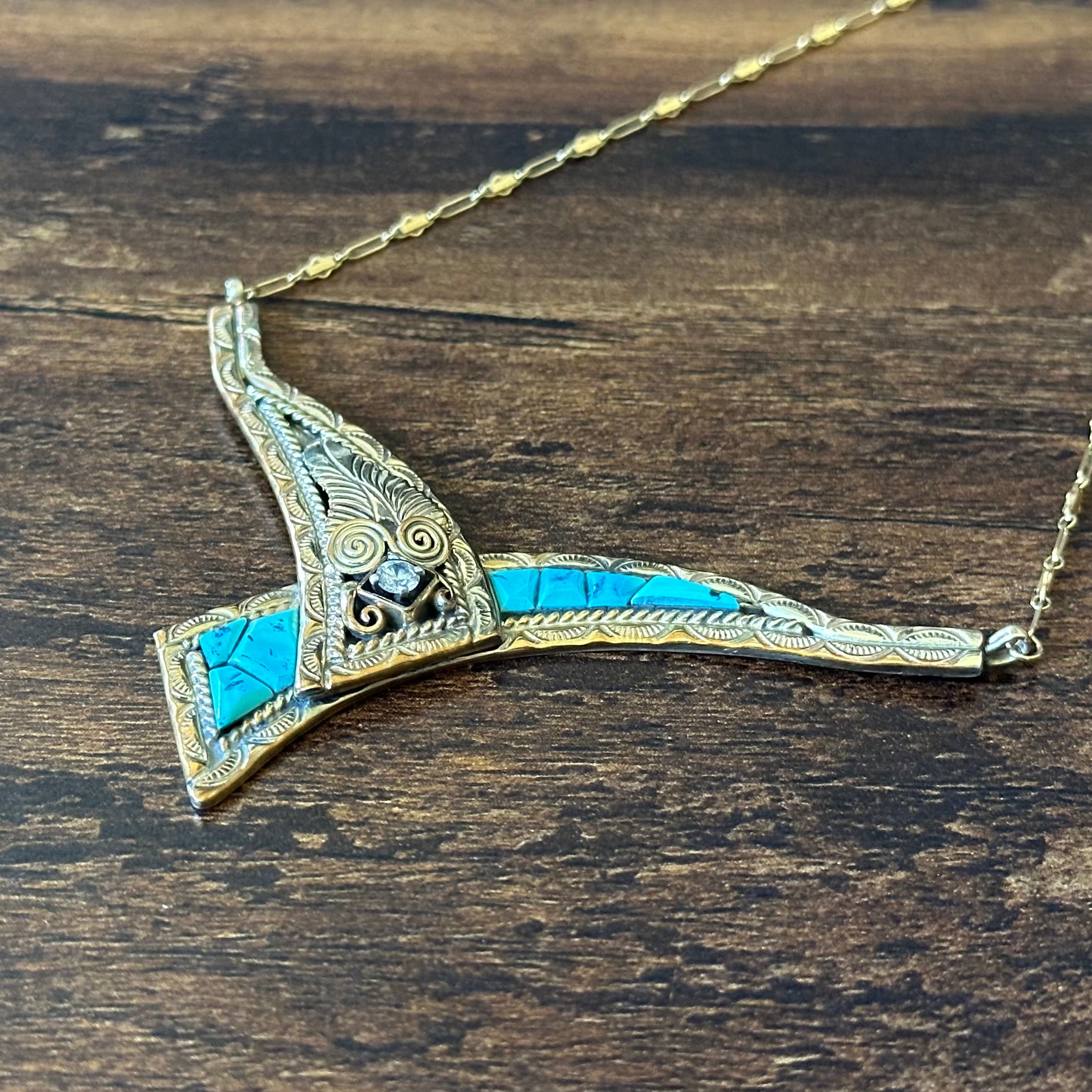 Silver Ray Turquoise Gold Over Sterling Ornate Hand Stamped Inlay Necklace