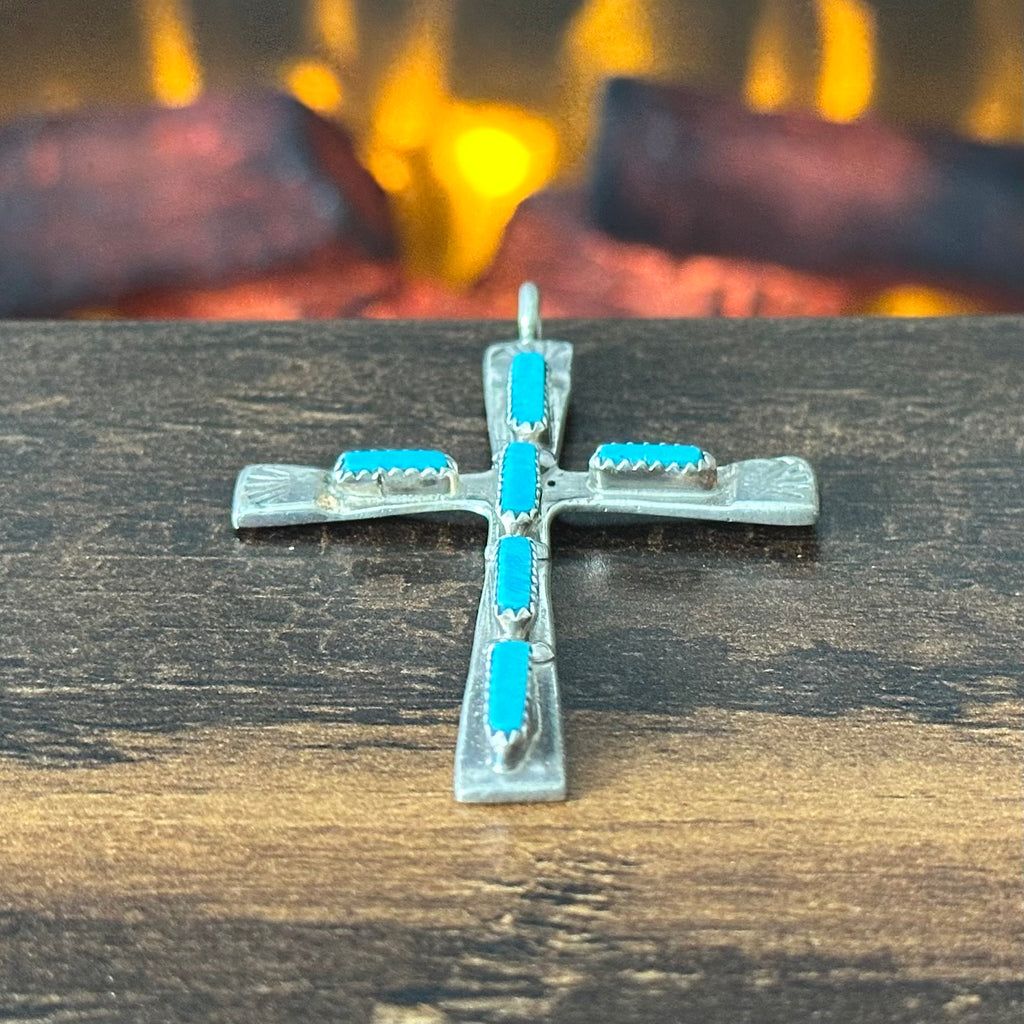 Zuni Cecilia Iule Sleeping Beauty Turquoise 6 Stone Sterling Cross Pendant