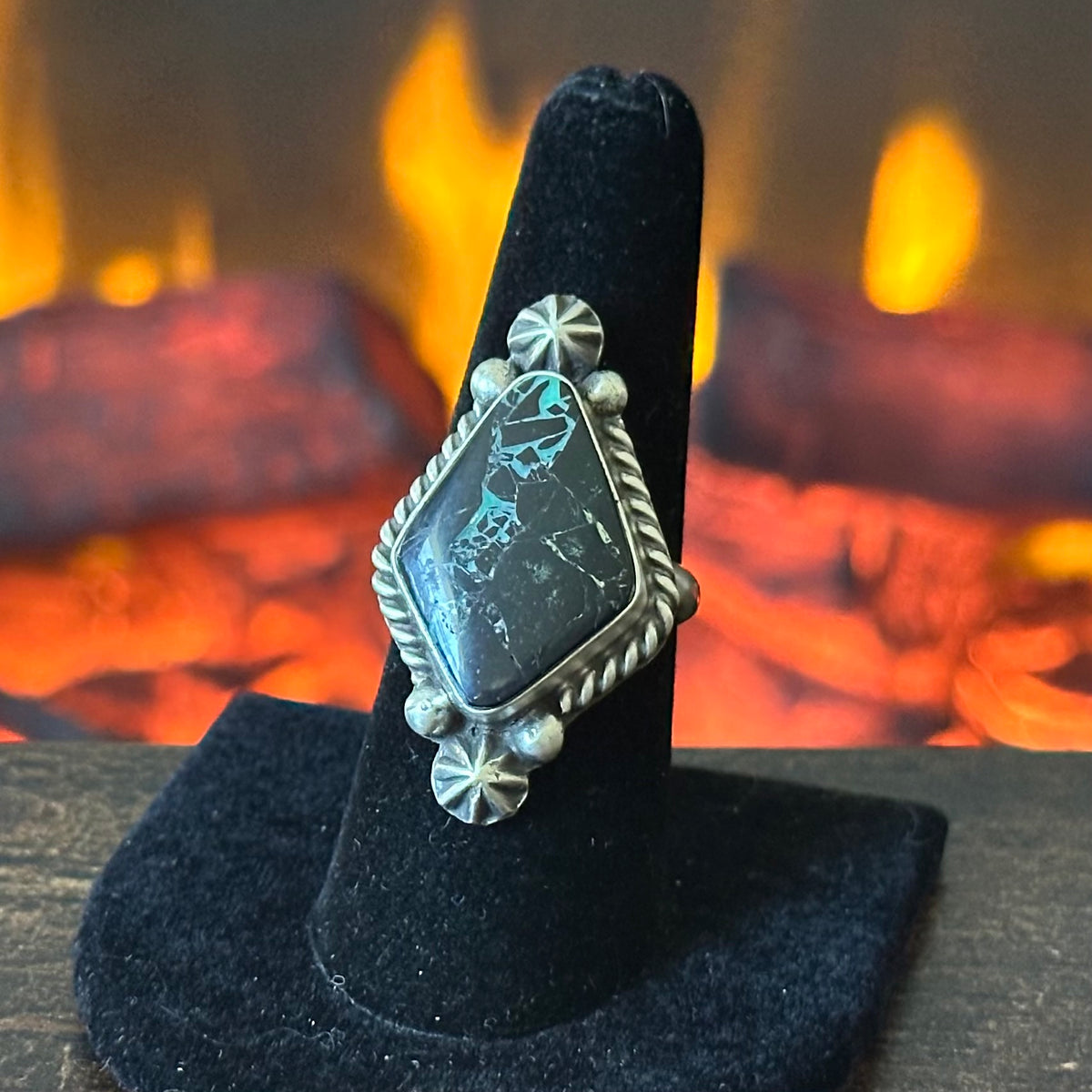 Navajo Johnny Dixon Blackjack Turquoise Sterling Twist Wire Bezel Ring