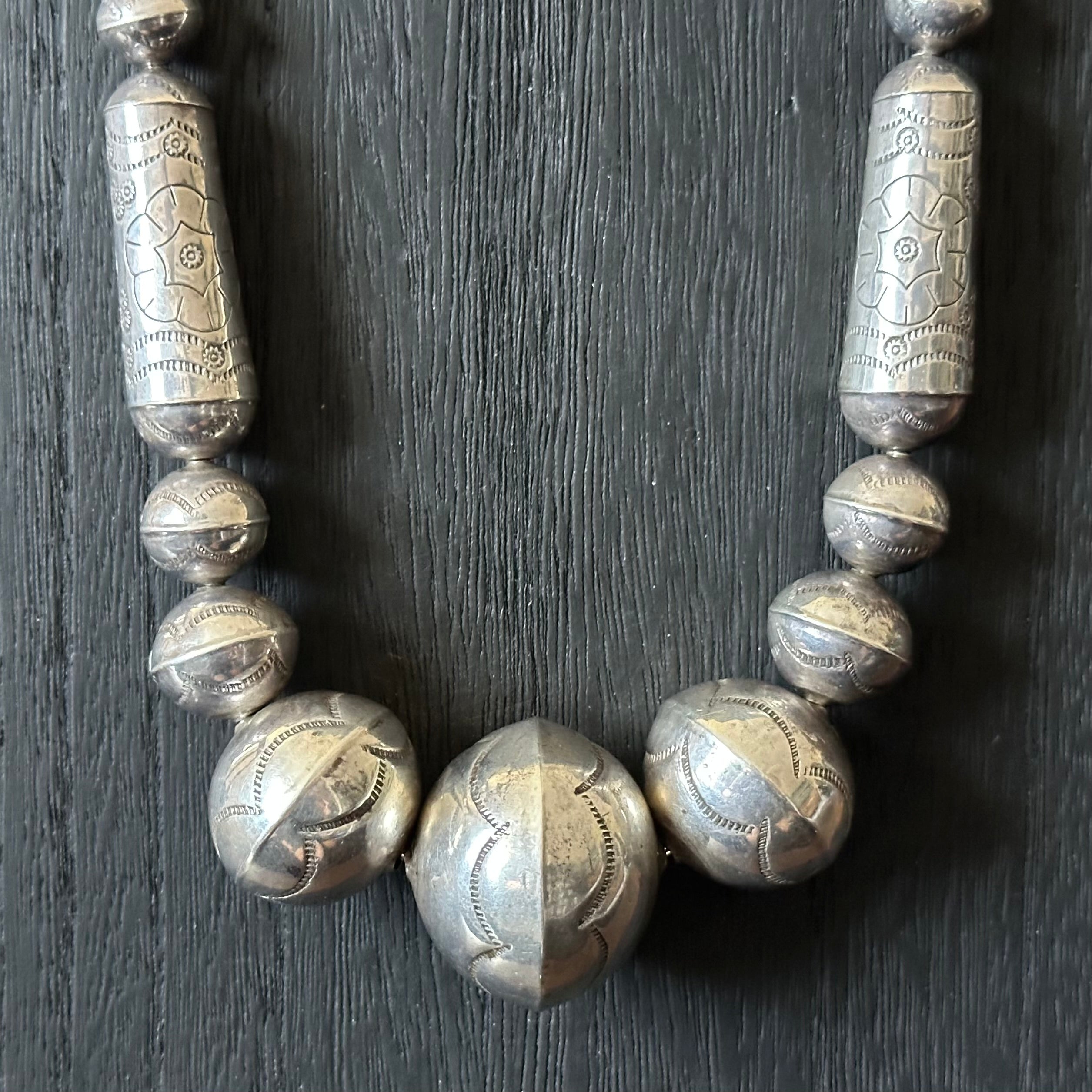 Sterling Handmade Graduated Cylinder Bead Stamped Floral Necklace