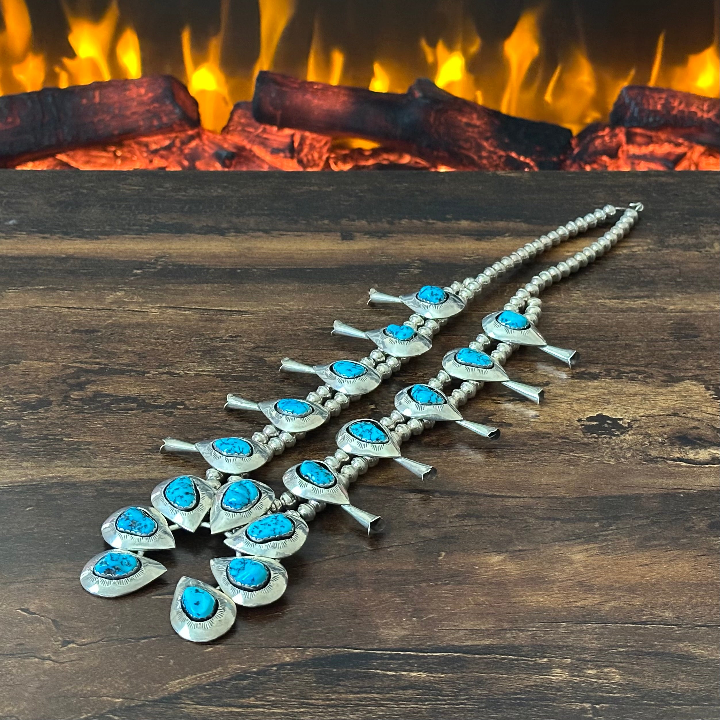 Turquoise 17 Stone Sterling Shadowbox Hand Stamped Squash Blossom