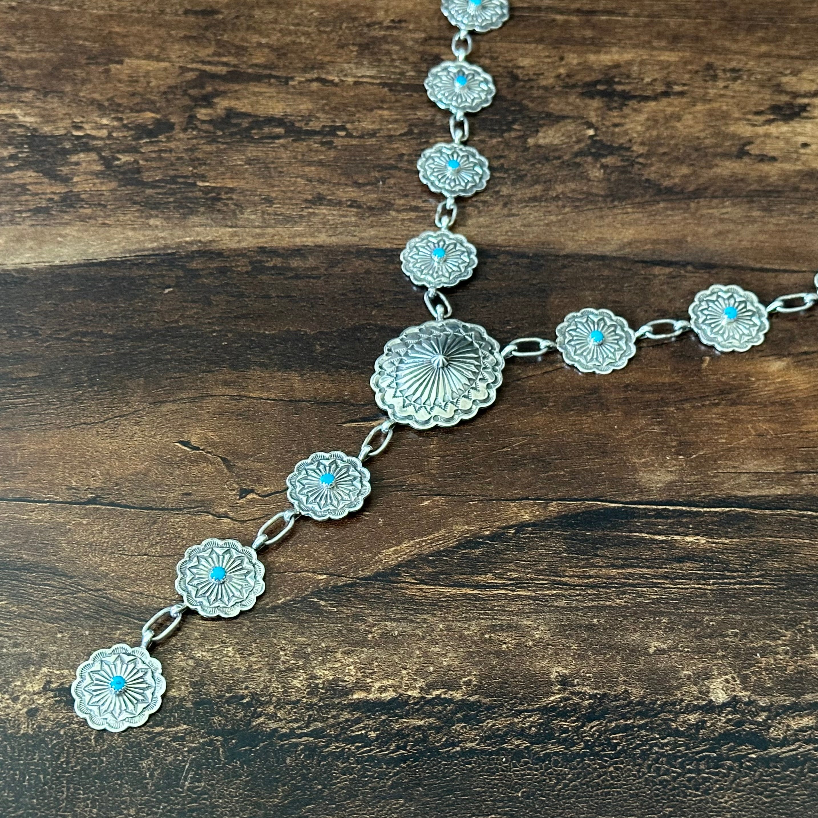 Running Bear Trading Turquoise 13 Stone Sterling Hand Stamped Concho Lariat Necklace