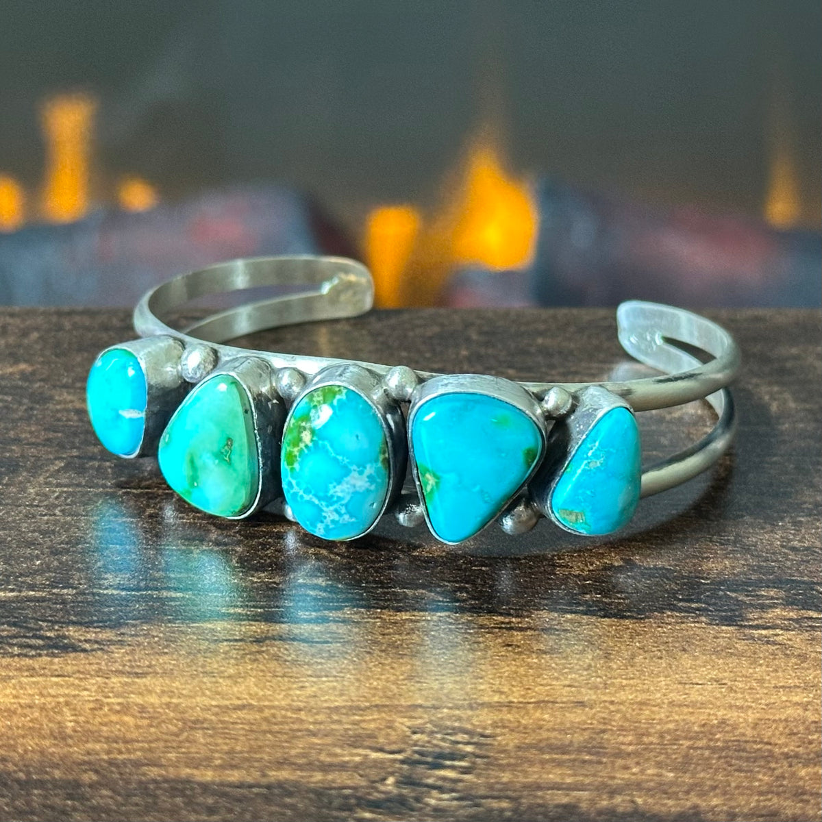 Navajo Augustine Largo Sonoran Gold Turquoise Sterling 5 Stone Raindrop Cuff