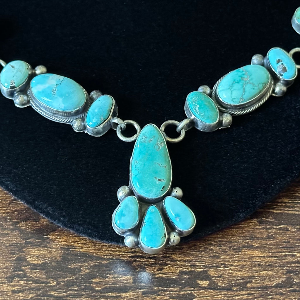 Navajo Kobe Martinez 28 Stone Carico Lake Turquoise Sterling Cluster Lariat Necklace Earrings Set