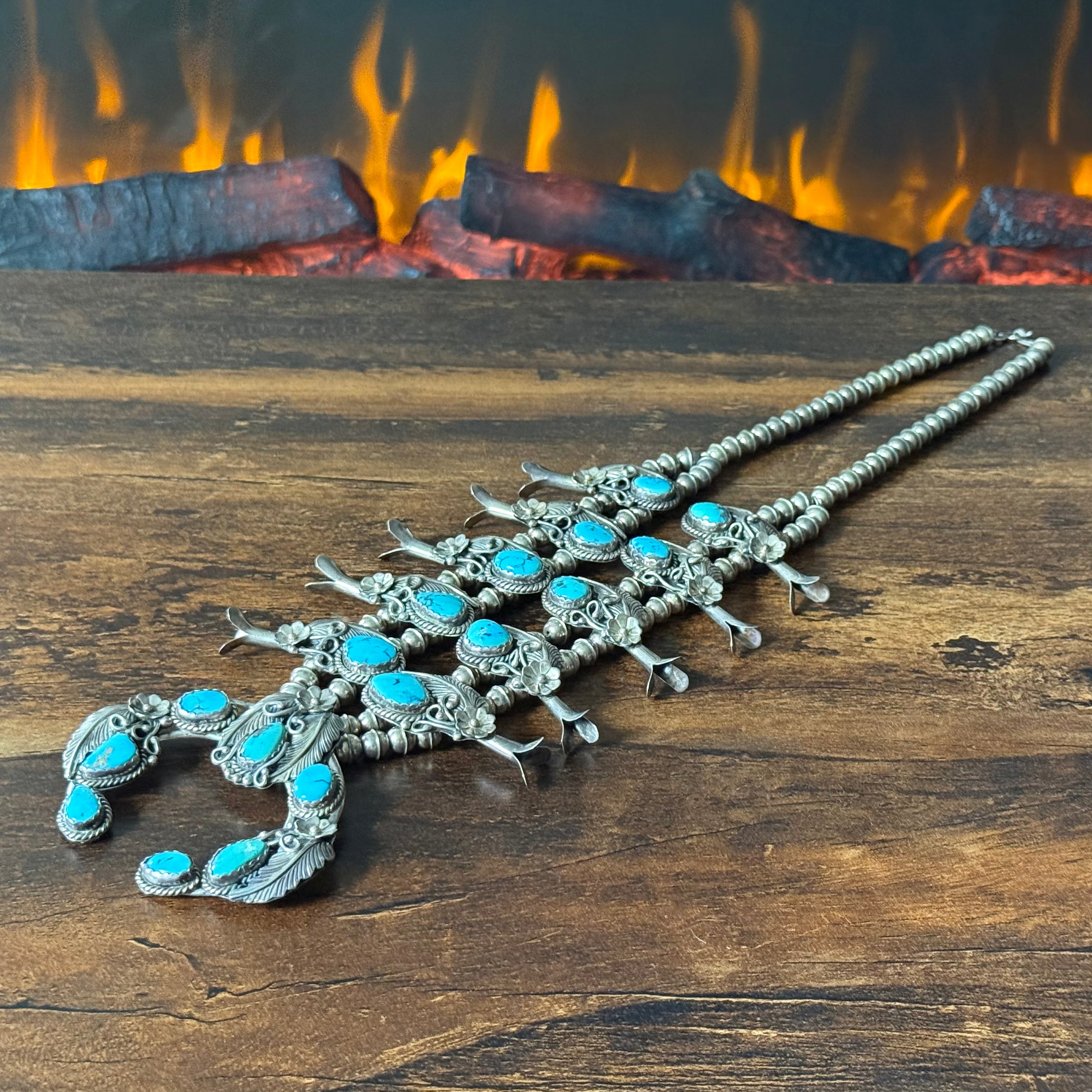 Vintage Turquoise 17 Stone Sterling Floral Ornate Squash Blossom