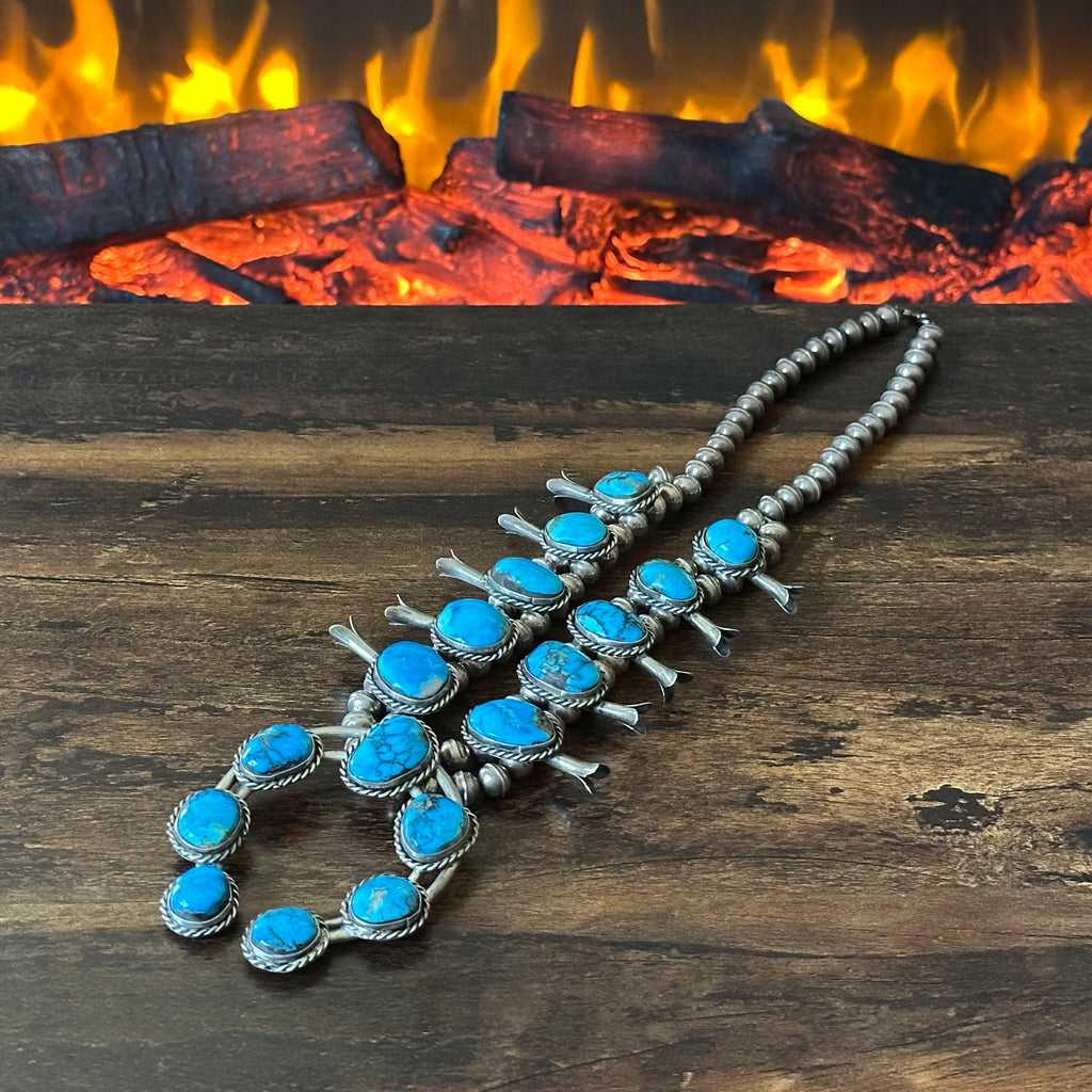 Vintage Turquoise 17 Stone Sterling Twist Wire Bezel Squash Blossom