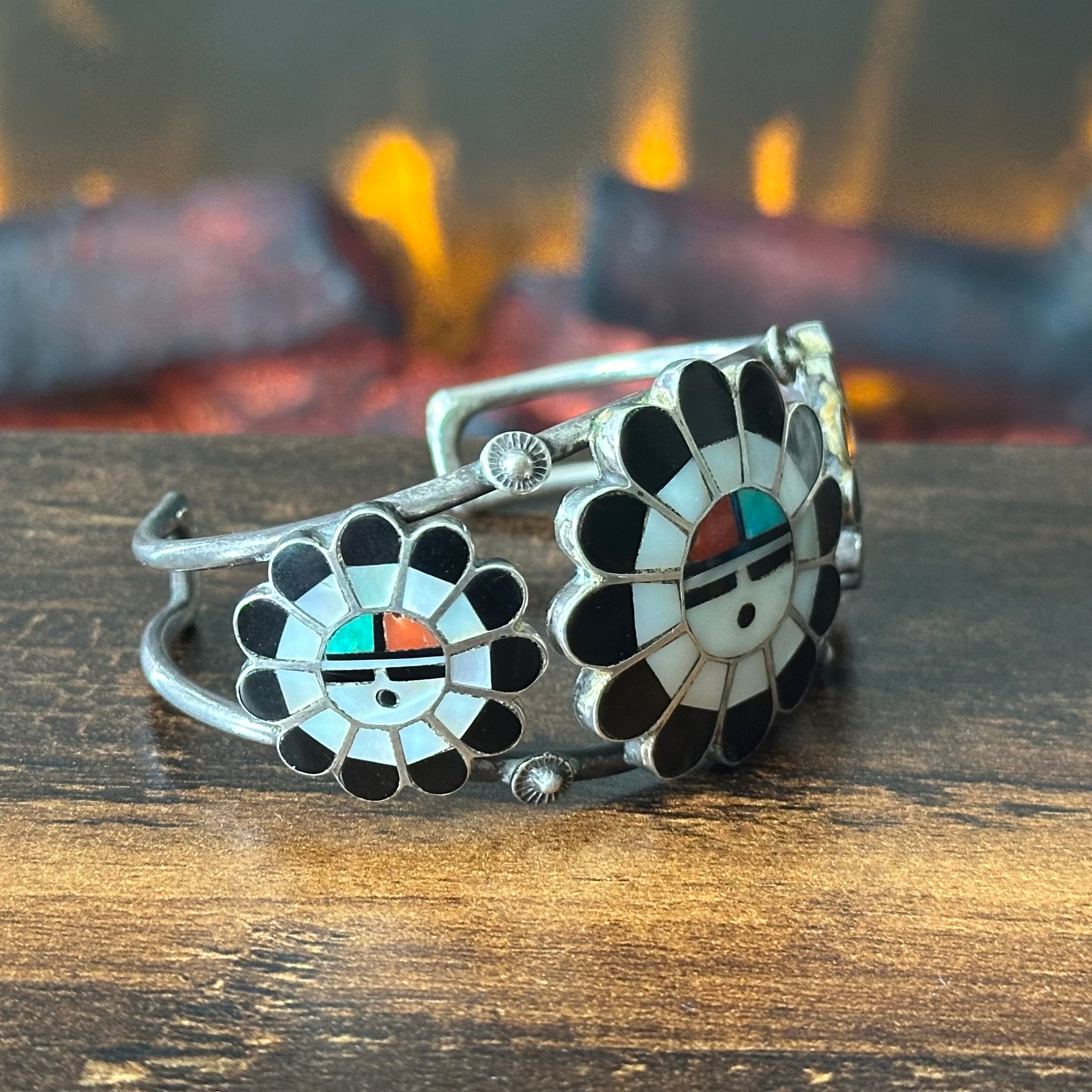 Vintage Zuni Morris Laahte Turquoise Red Coral MOP Jet Sterling Sunface Inlay Cuff