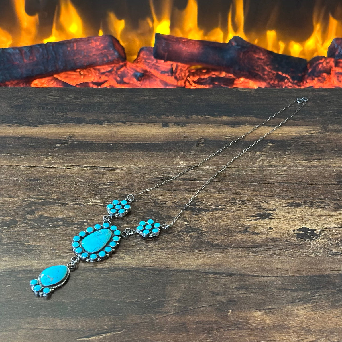 Navajo Devin Brown Kingman Turquoise 34 Stone Sterling Cluster Lariat Necklace