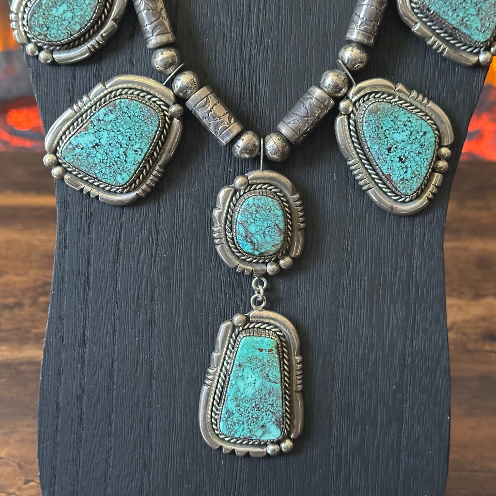 Navajo Tom Willeto Webbed Turquoise 6 Stone Sterling Handmade Stamped Cylinder Bead Statement Necklace