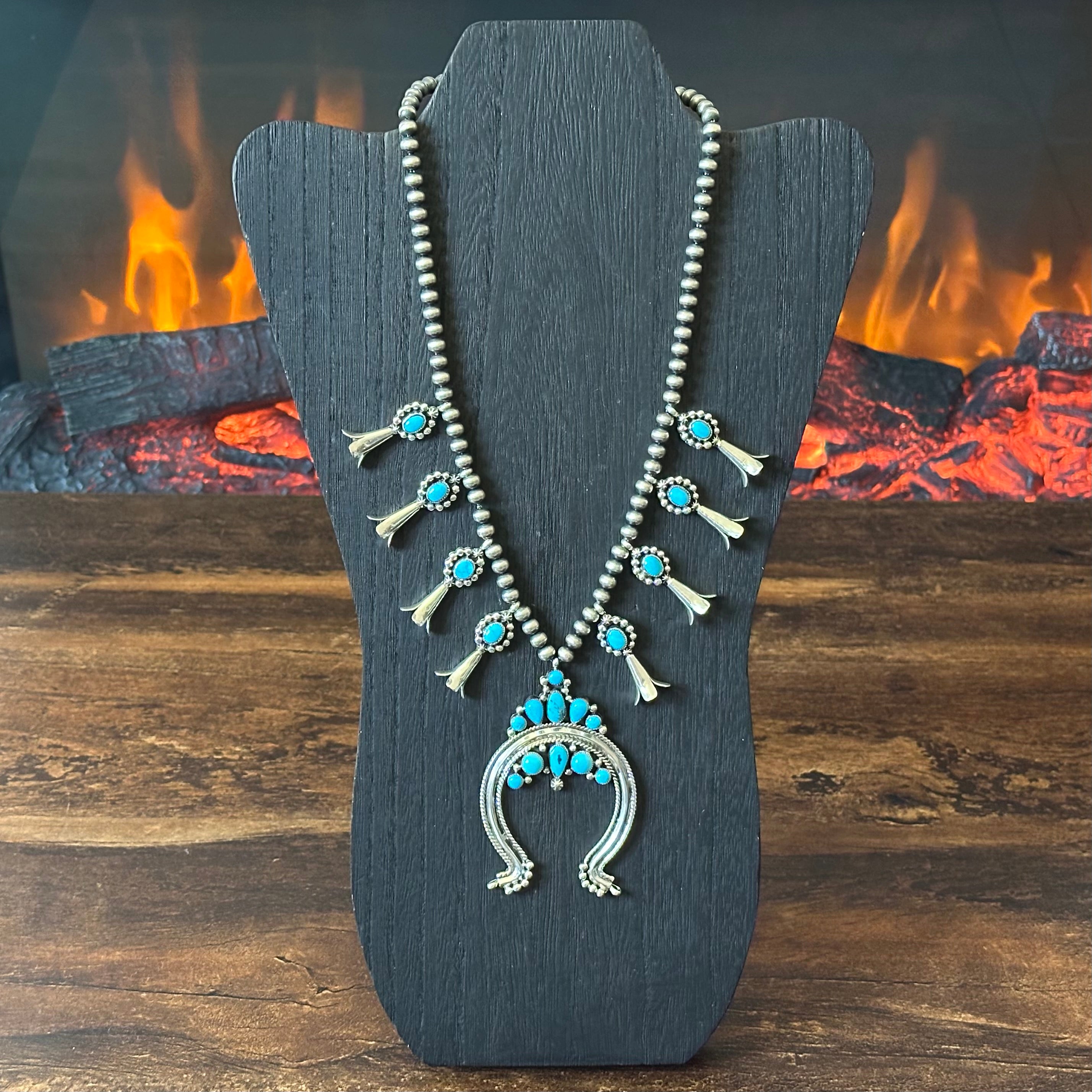 Navajo Jimmy Garcia Turquoise 19 Stone Sterling Raindrop Squash Blossom