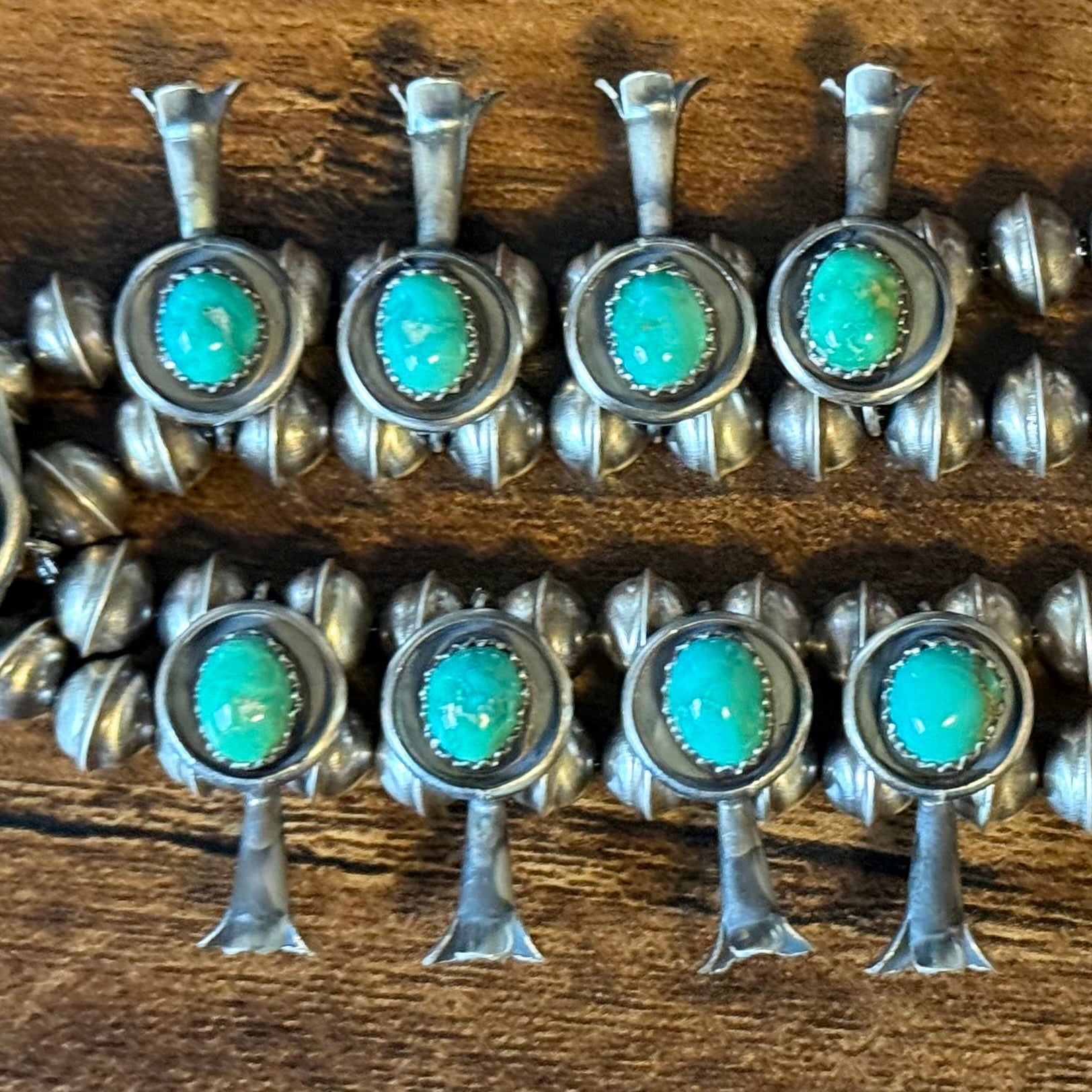 Navajo Phil & Lenora Garcia Sonoran Gold Turquoise 13 Stone Oxidized Sterling Squash Blossom Earrings Set