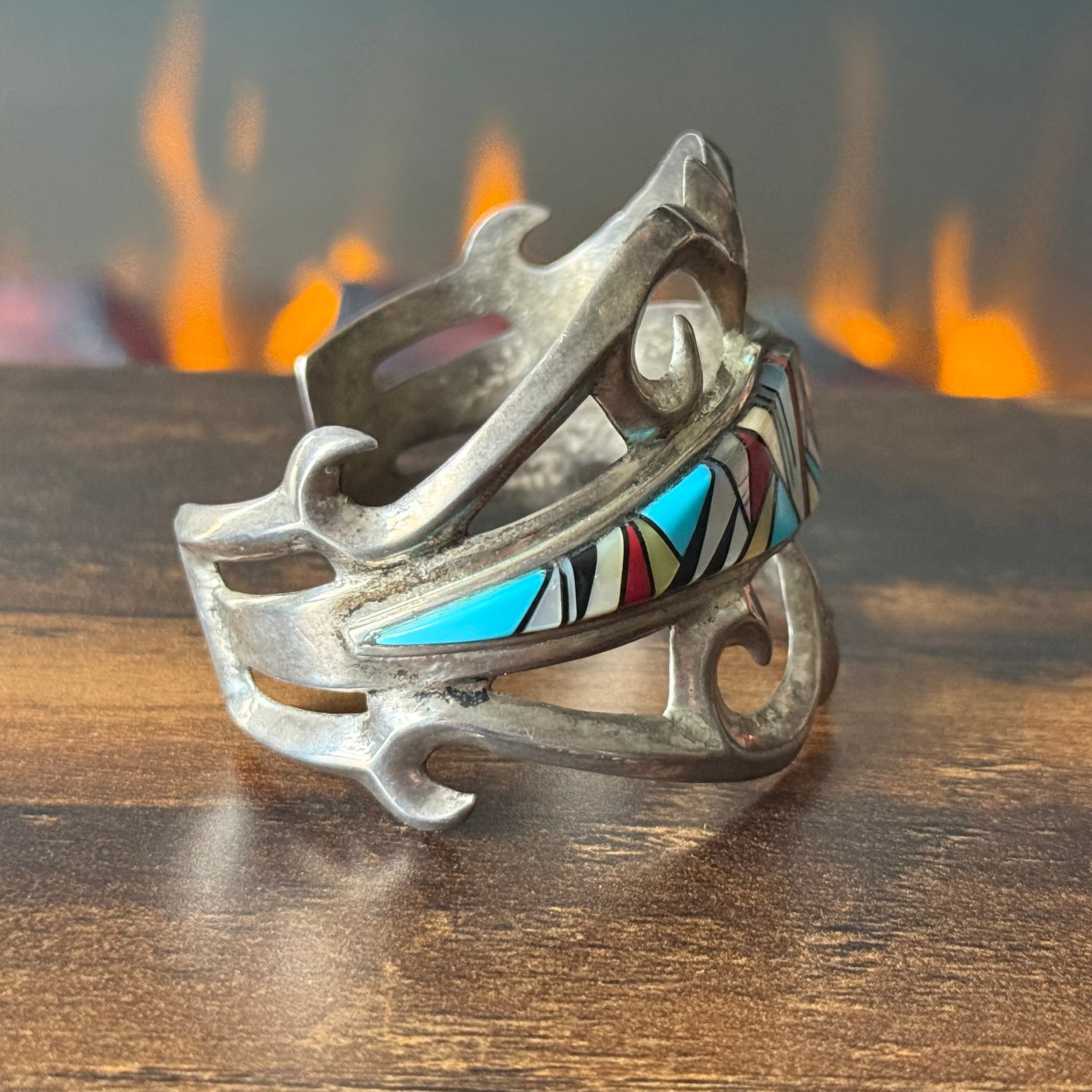 Vintage Abalone MOP Block Turquoise & Red Coral Sterling Sandcast Inlay Cuff