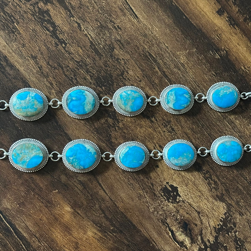 Turquoise 11 Stone Sterling Hand Stamped Lariat Statement Necklace