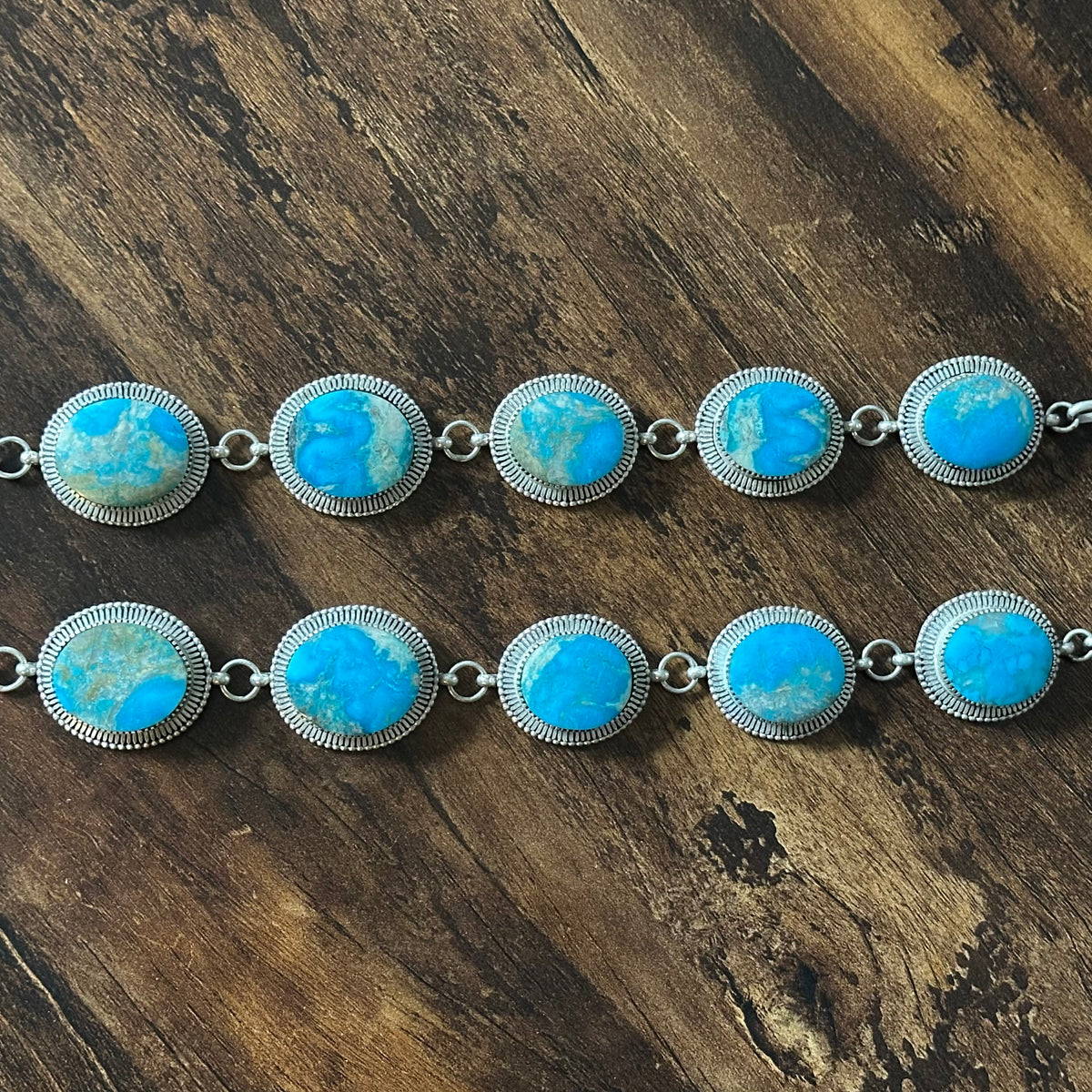 Turquoise 11 Stone Sterling Hand Stamped Lariat Statement Necklace