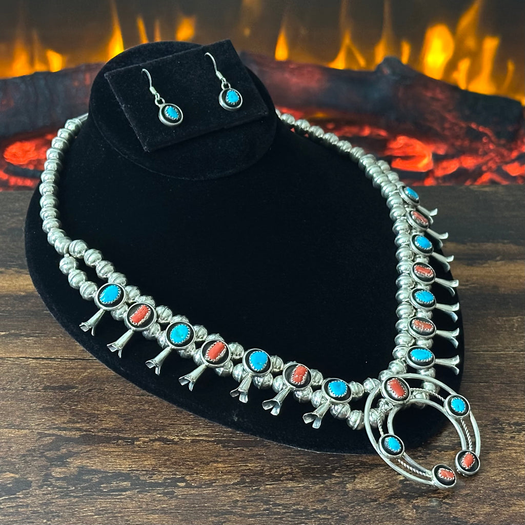 Navajo Phil & Lenora Garcia Turquoise Red Coral 19 Stone Sterling Squash Blossom Earrings Set