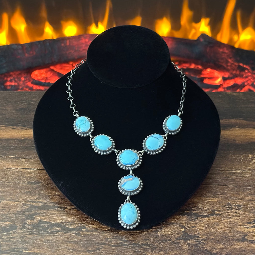 Navajo Mary Spencer Golden Hills Turquoise 7 Stone Sterling Lariat Necklace