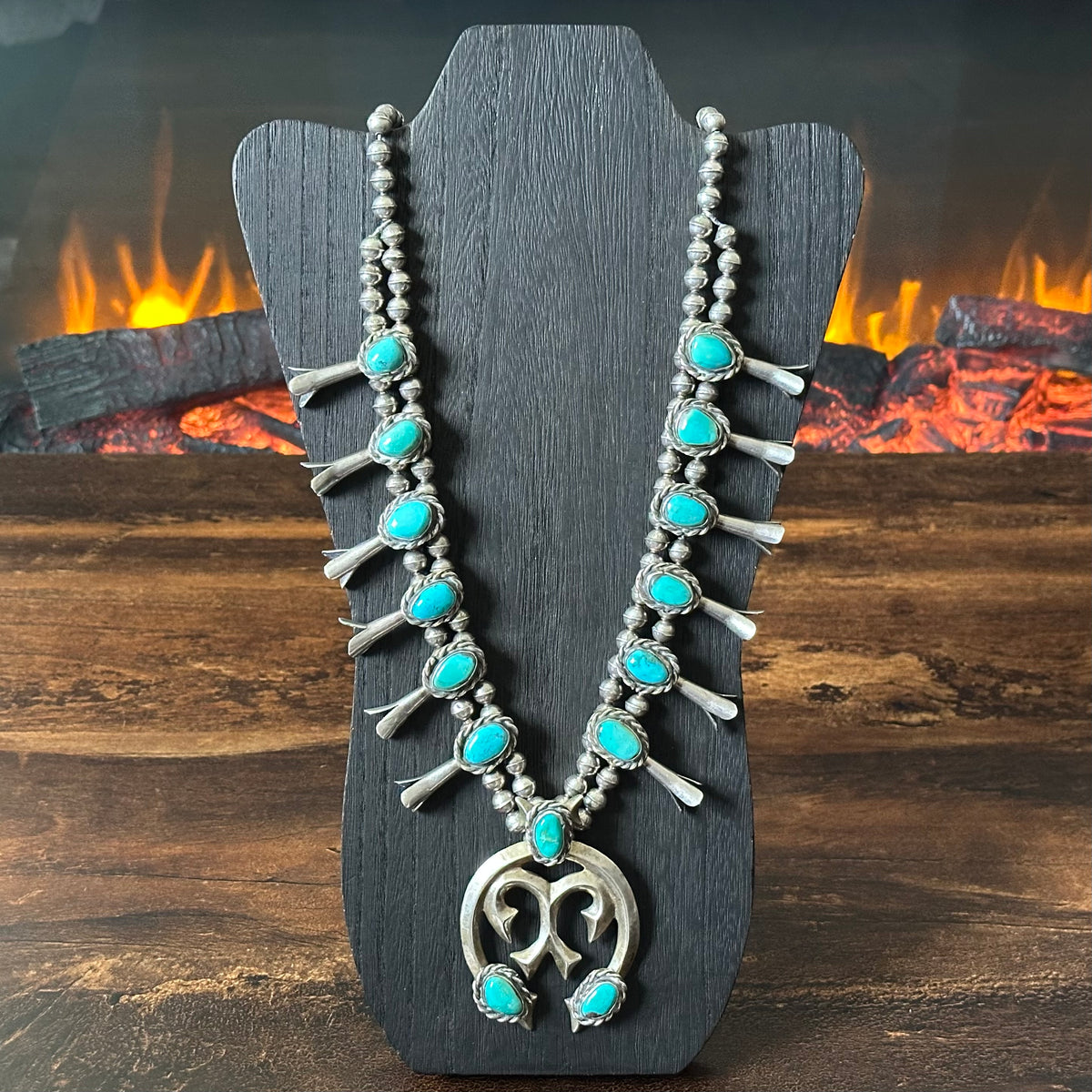 Vintage Turquoise 15 Stone Sterling Handmade Bead Sandcast Twist Wire Squash Blossom