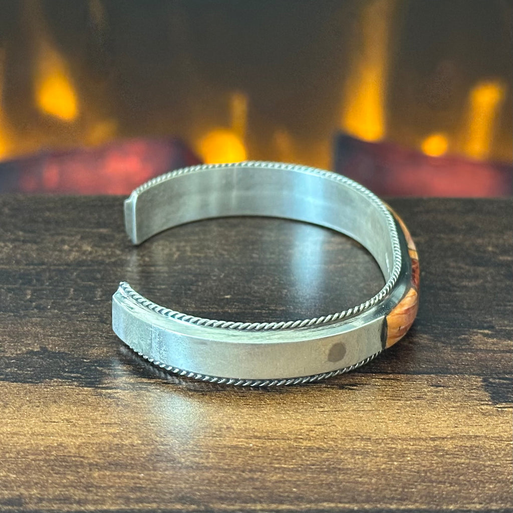 Navajo Francis Yazzie Orange Spiny Oyster Sterling Twist Wire Inlay Stacker Cuff
