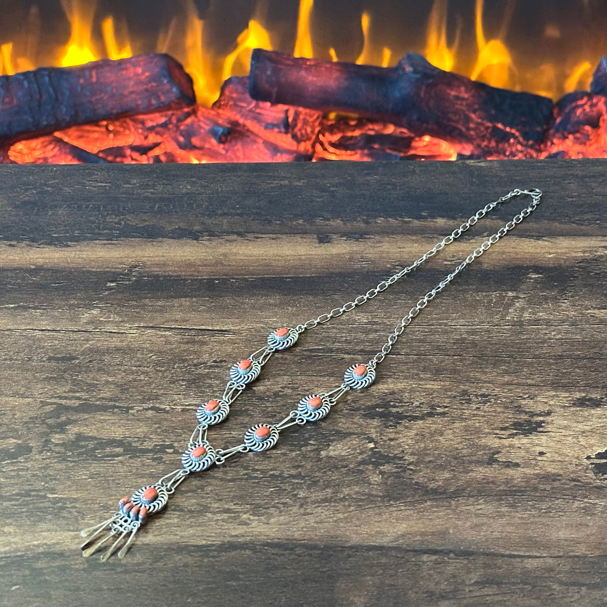 Zuni Al Lemontino Signed Vintage Red Coral 12 Stone Sterling Lariat Tassel Necklace