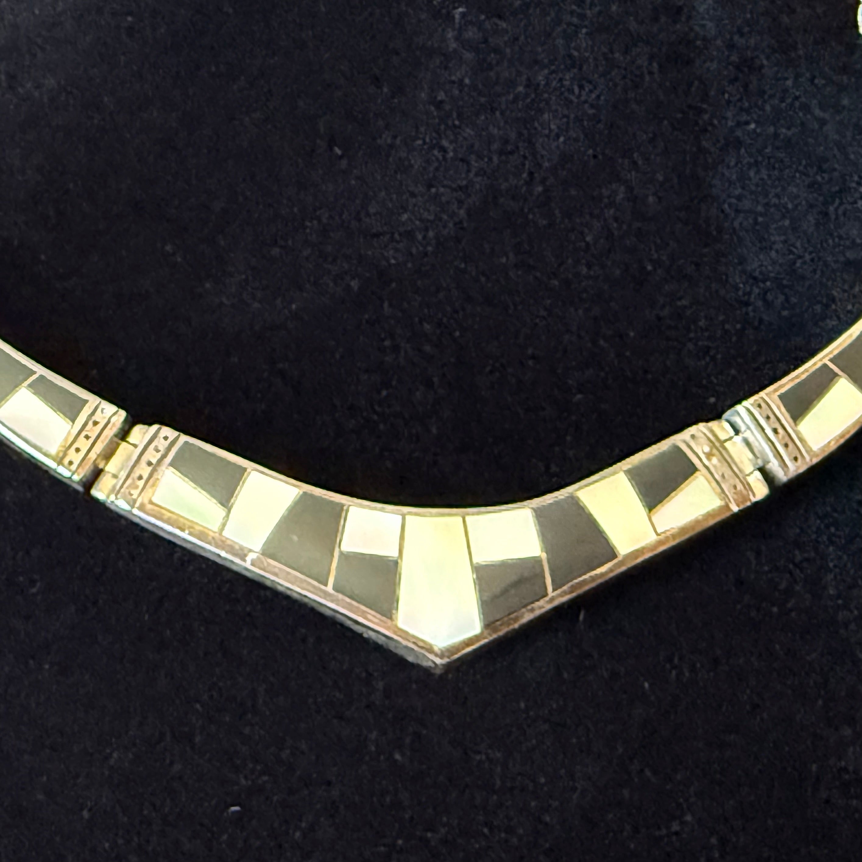 Navajo Supersmith Inc. Onyx Mother of Pearl Sterling Hinged Inlay Statement Necklace