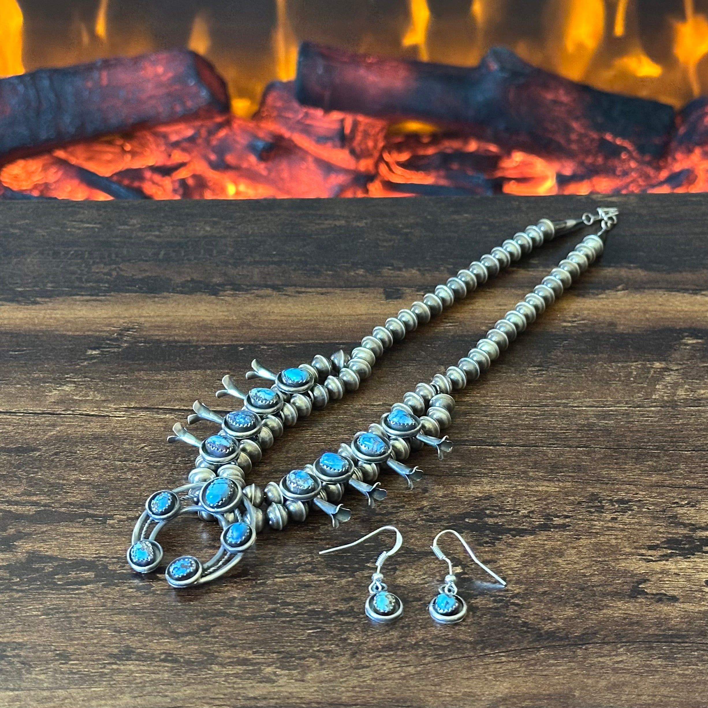 Navajo Phil & Lenora Garcia Golden Hills Turquoise 13 Stone Oxidized Sterling Squash Blossom Earrings Set