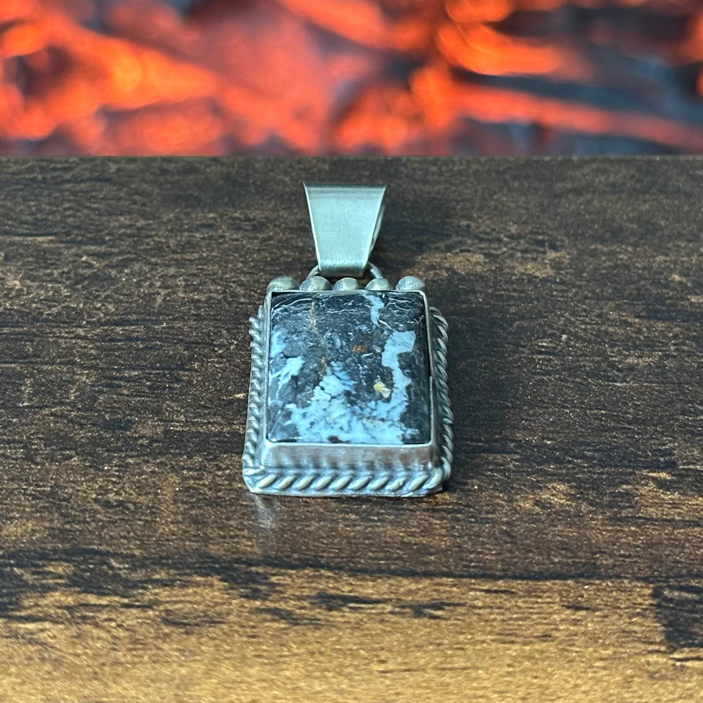 Navajo Vicky Hicks White Buffalo Sterling Twist Wire Square Pendant