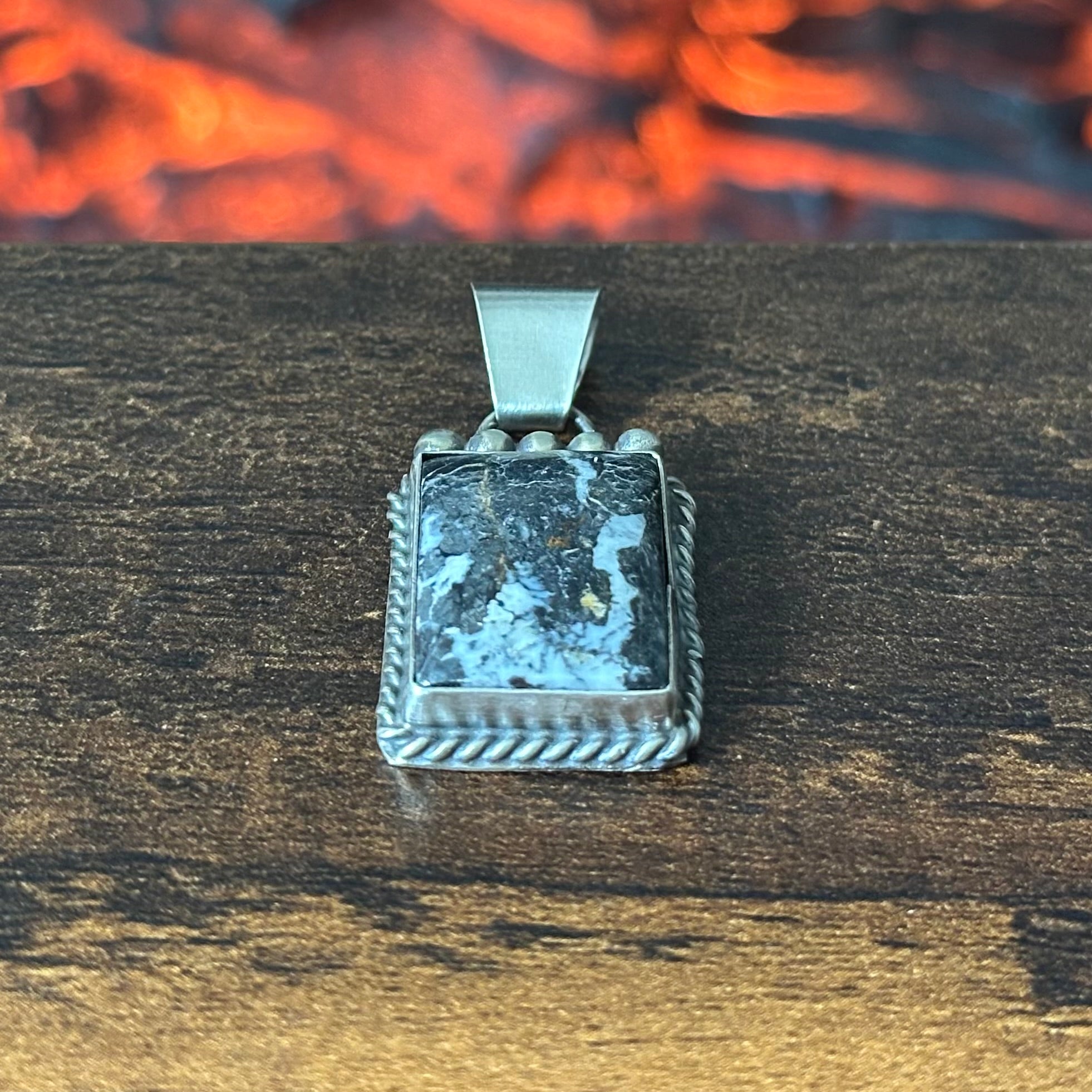 Navajo Vicky Hicks White Buffalo Sterling Twist Wire Square Pendant