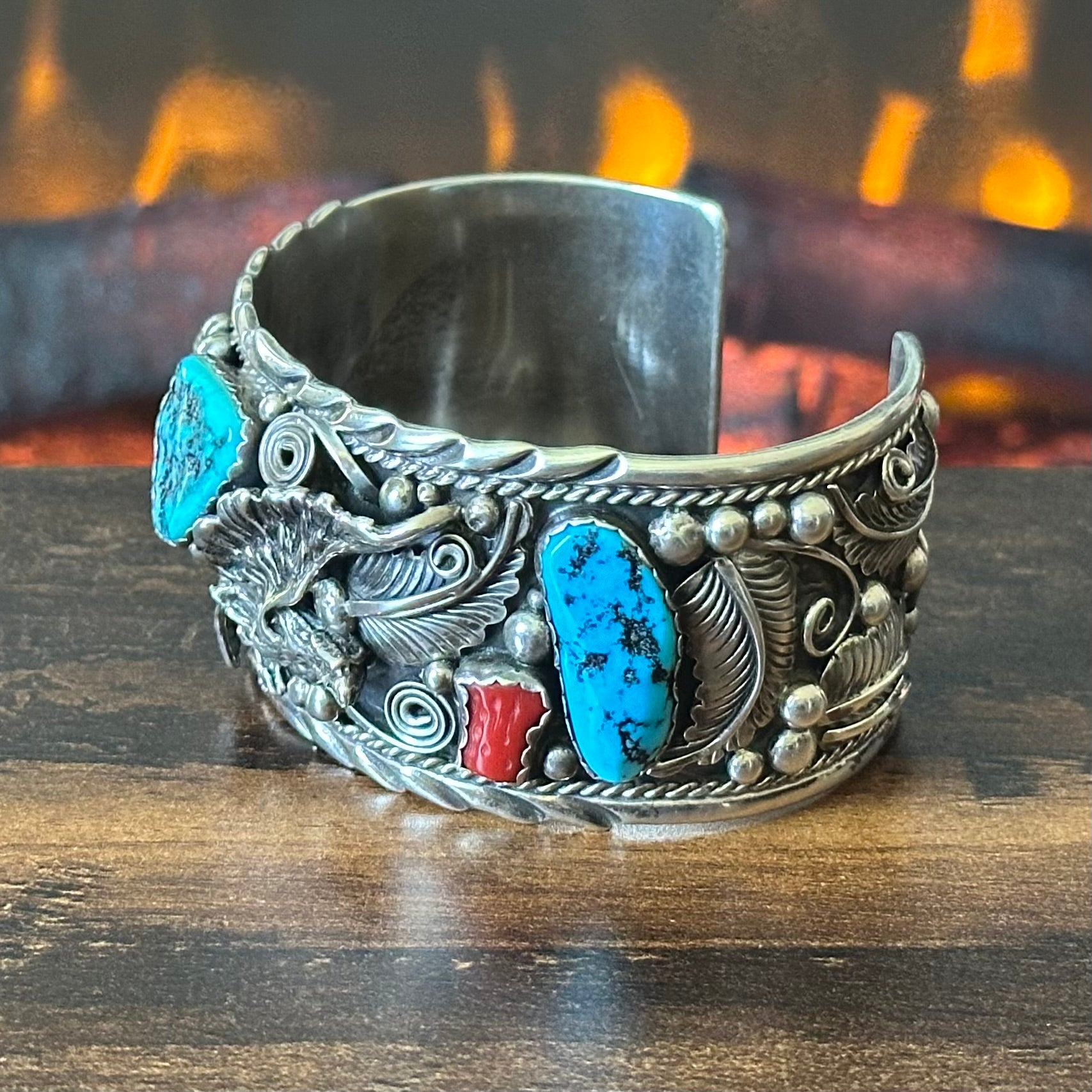 Turquoise Red Coral 5 Stone Sterling Ornate Eagle Statement Cuff