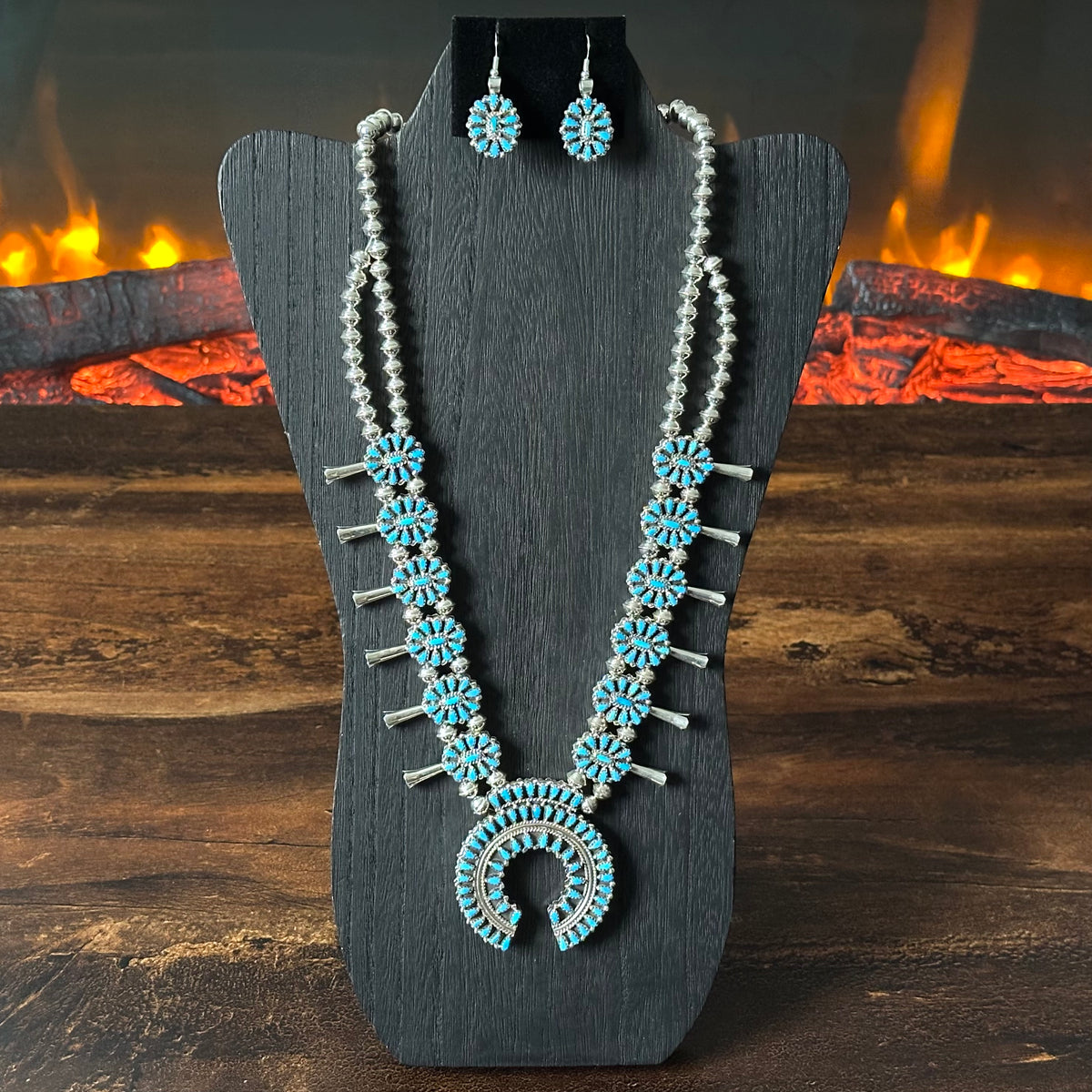 Navajo Elton James Reversible Turquoise Red Coral 376 Stone Sterling Petite Point Cluster Squash Blossom Necklace Earrings Set