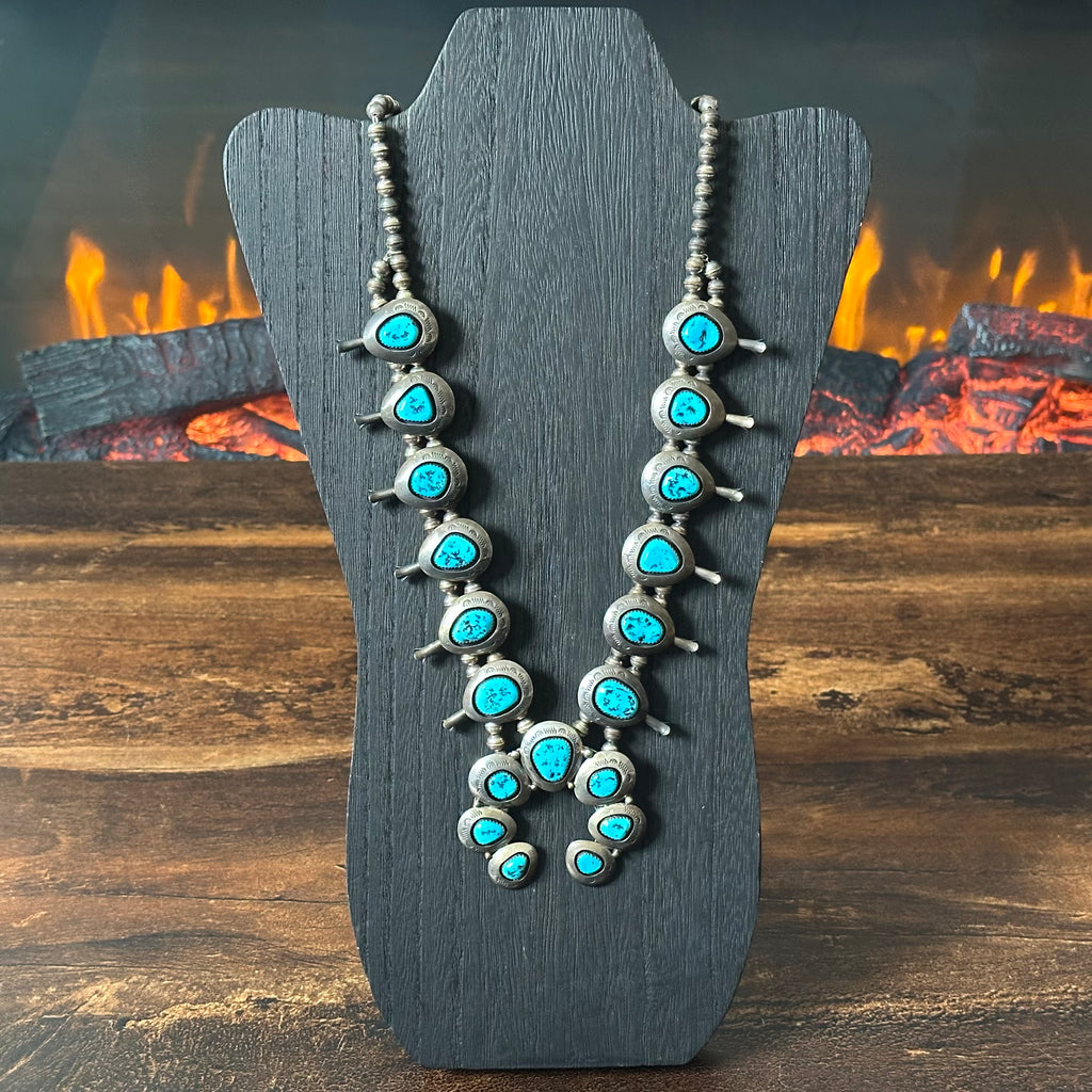 Navajo Teddy Goodluck Turquoise 19 Stone Sterling Shadowbox Hand Stamped Squash Blossom