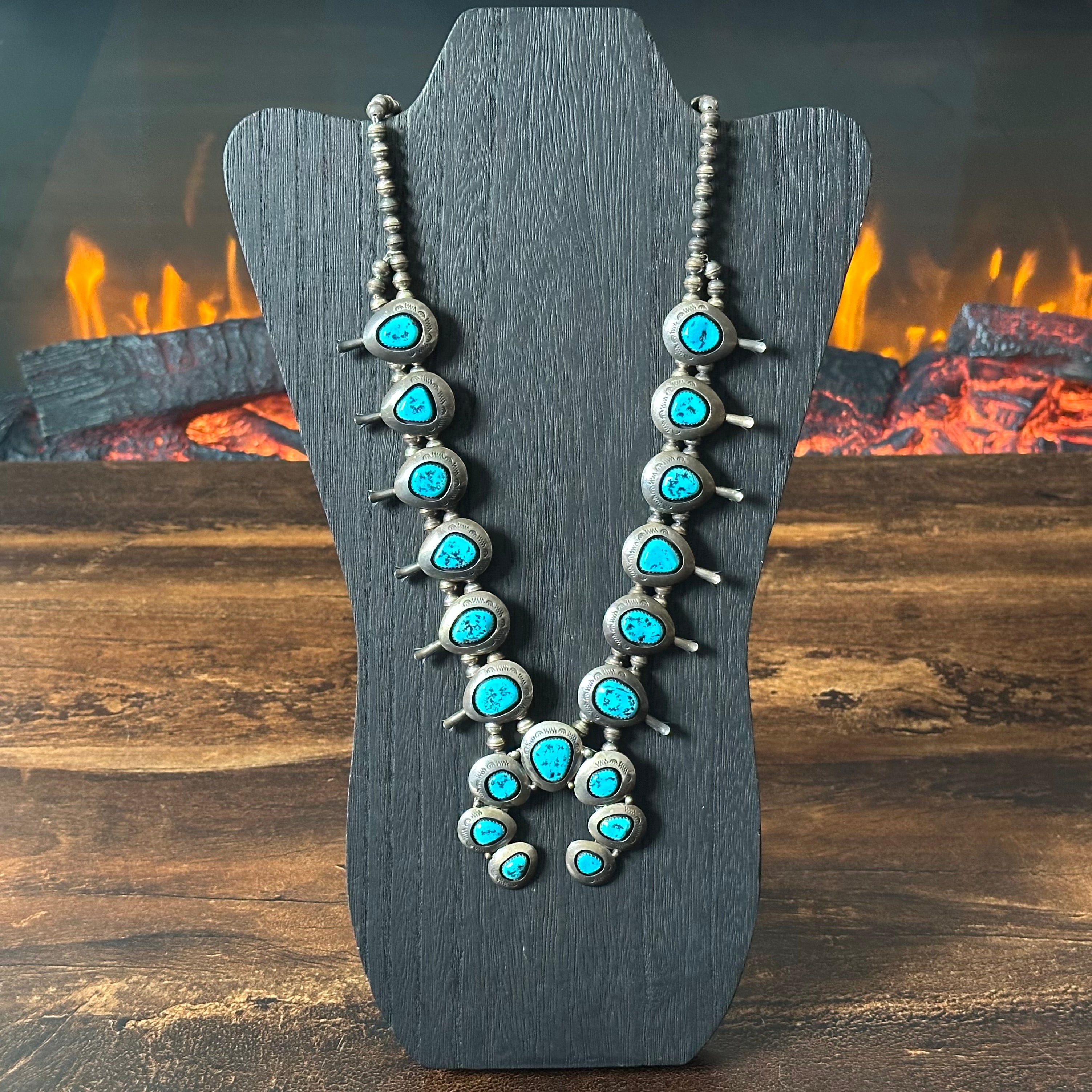 Navajo Teddy Goodluck Turquoise 19 Stone Sterling Shadowbox Hand Stamped Squash Blossom