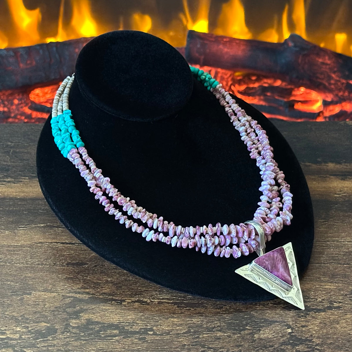 Kewa Emilio & Marguerite Chavez Turquoise Purple Spiny Oyster Sterling Heishi Triple Strand Pendant Necklace