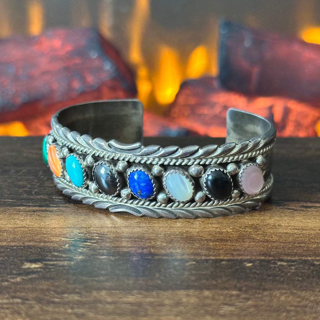 Navajo James Shay Rainbow Multi Stone Sterling Twist Wire Raindrop Cuff