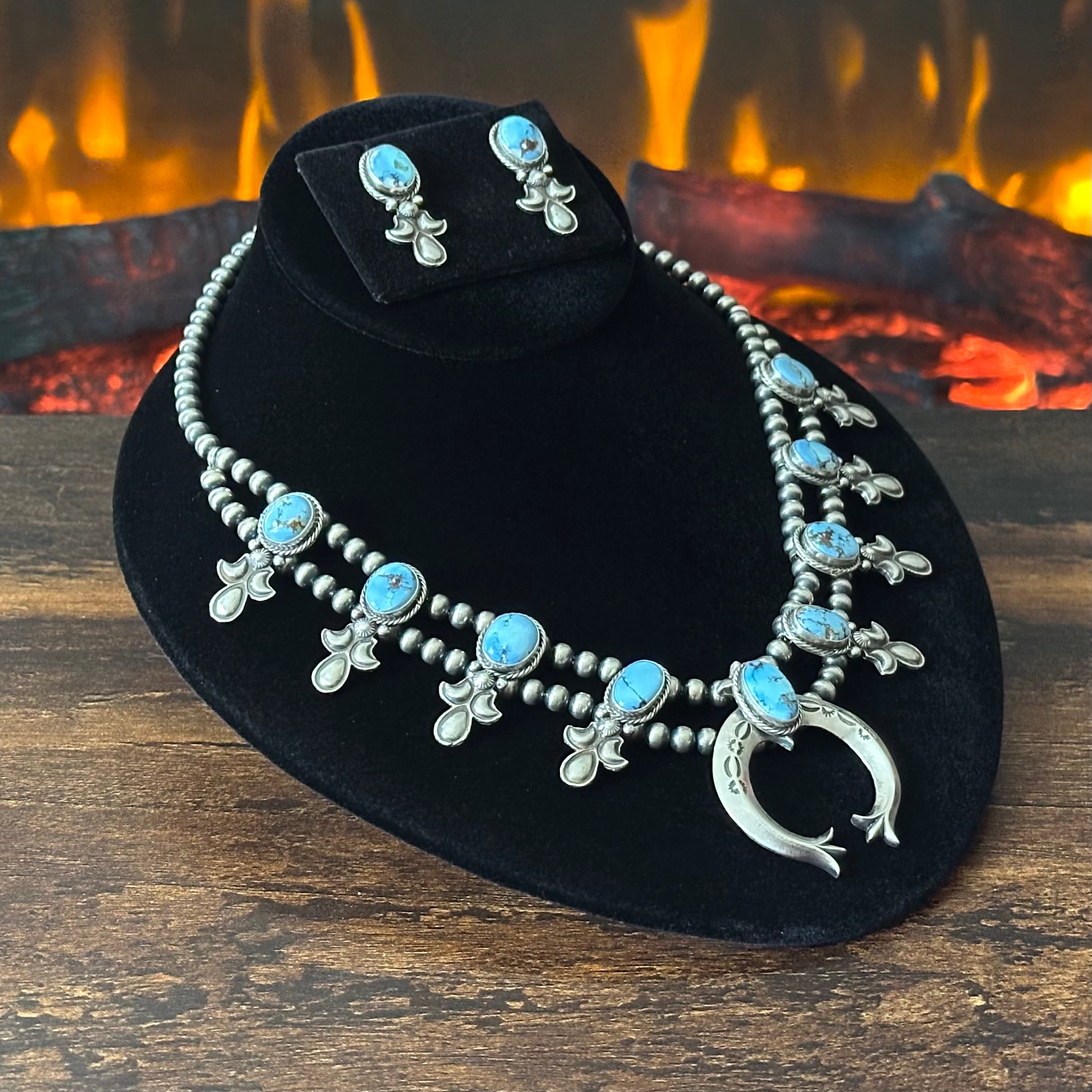 Navajo Adrienne Gordon Golden Hills Turquoise 9 Stone Sterling Hand Stamped Squash Blossom Necklace Earrings Set