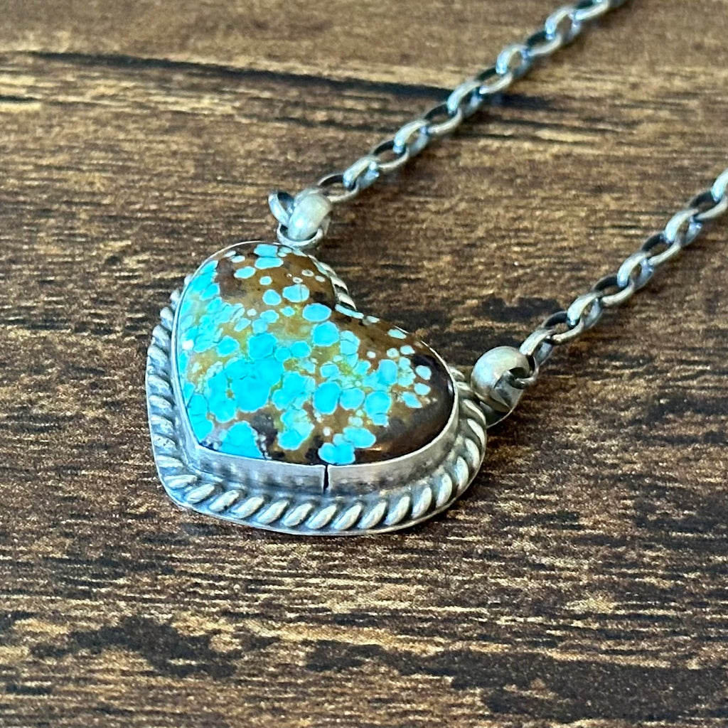 Navajo Donovan Skeets Mine #8 Turquoise Sterling Twist Wire Bezel Heart Pendant Necklace