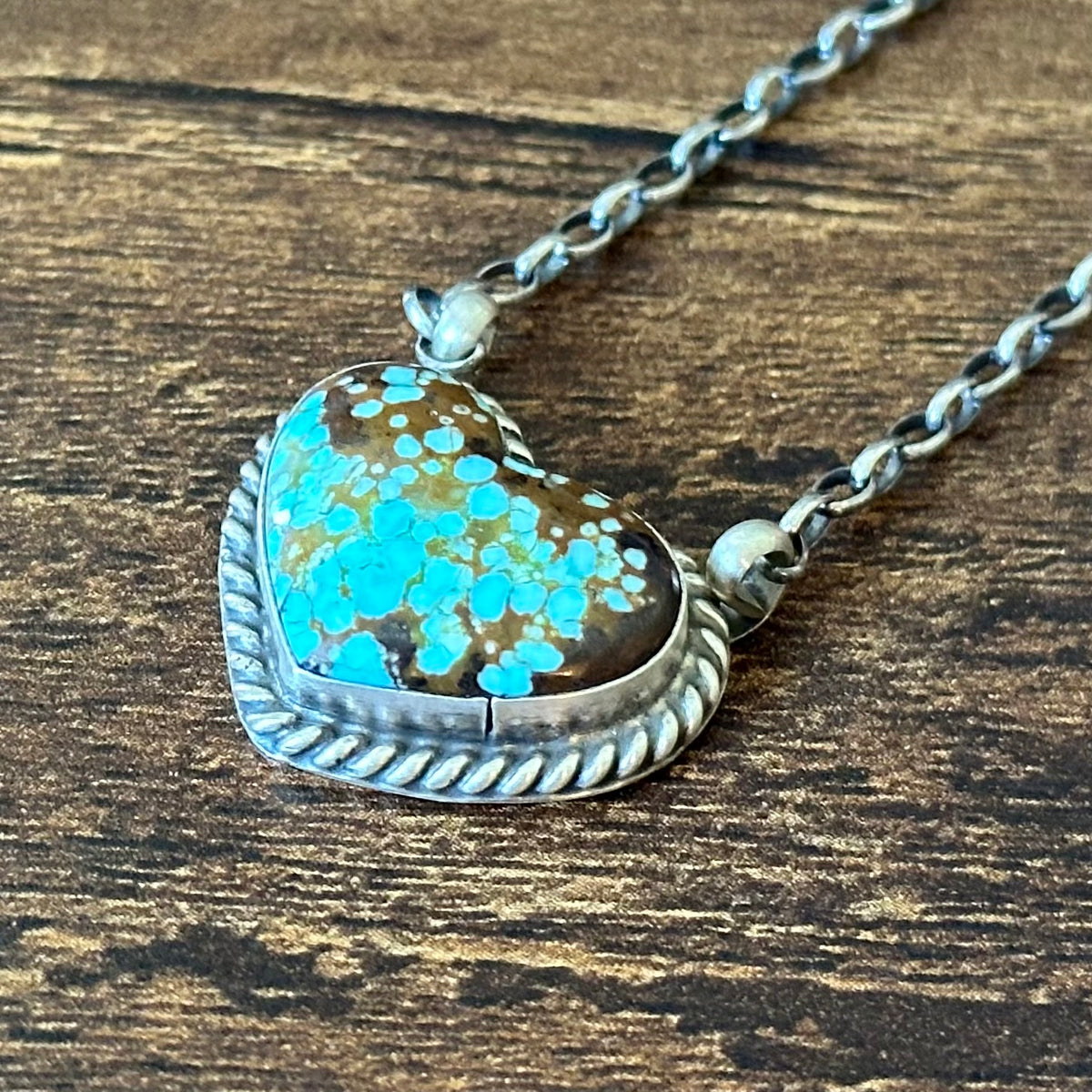 Navajo Donovan Skeets Mine #8 Turquoise Sterling Twist Wire Bezel Heart Pendant Necklace
