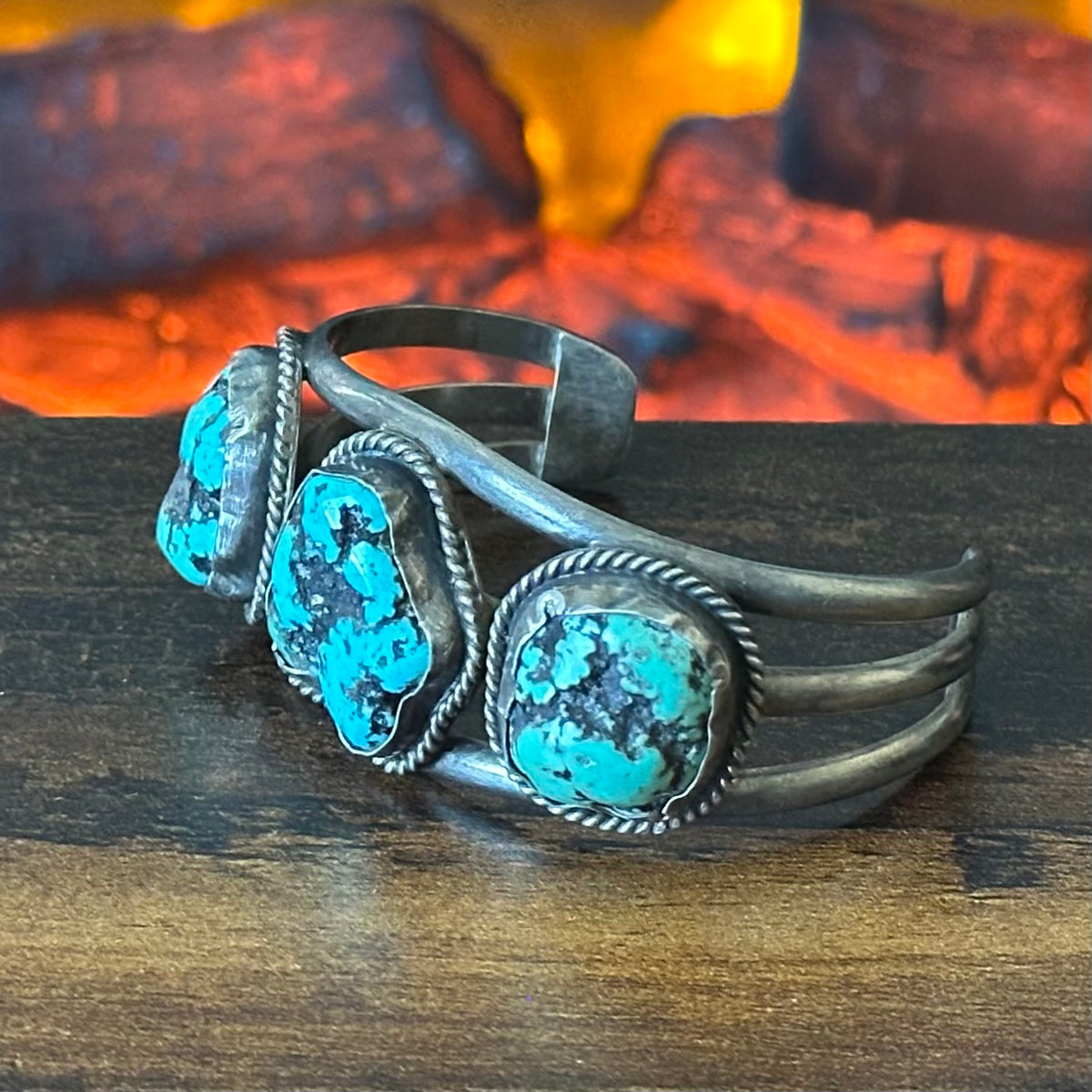 Vintage Turquoise 3 Stone Sterling Twist Wire Bezel Nugget Cuff