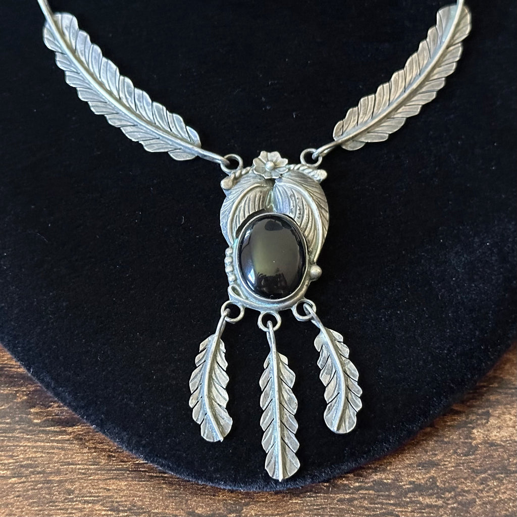 Vintage Onyx Sterling Floral Feather Necklace