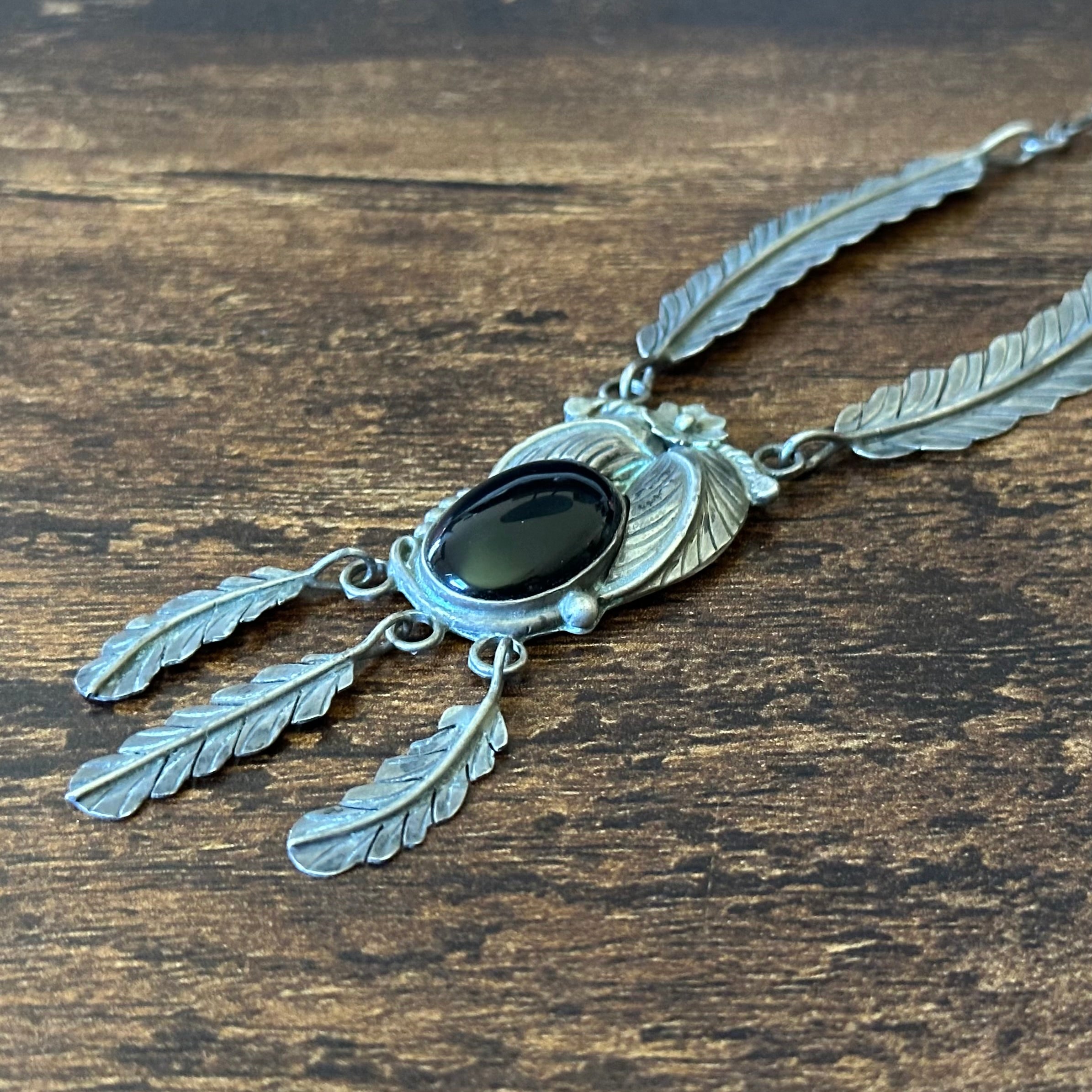 Vintage Onyx Sterling Floral Feather Necklace