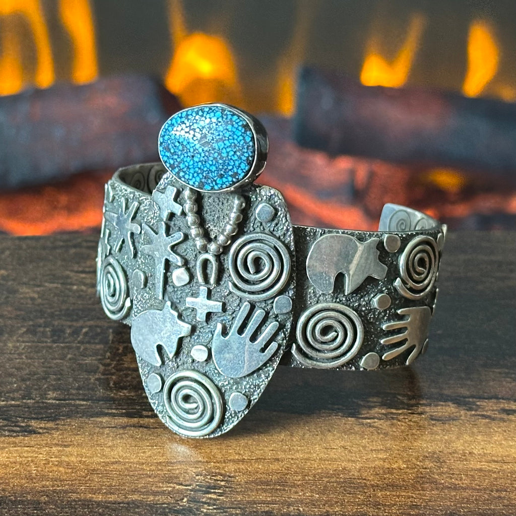 Navajo Alex Sanchez Webbed Turquoise Sterling Petroglyph Hand Stamped Statement Cuff